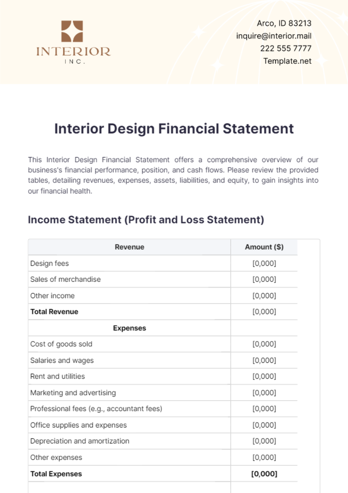 Interior Design Financial Statement Template - Edit Online & Download