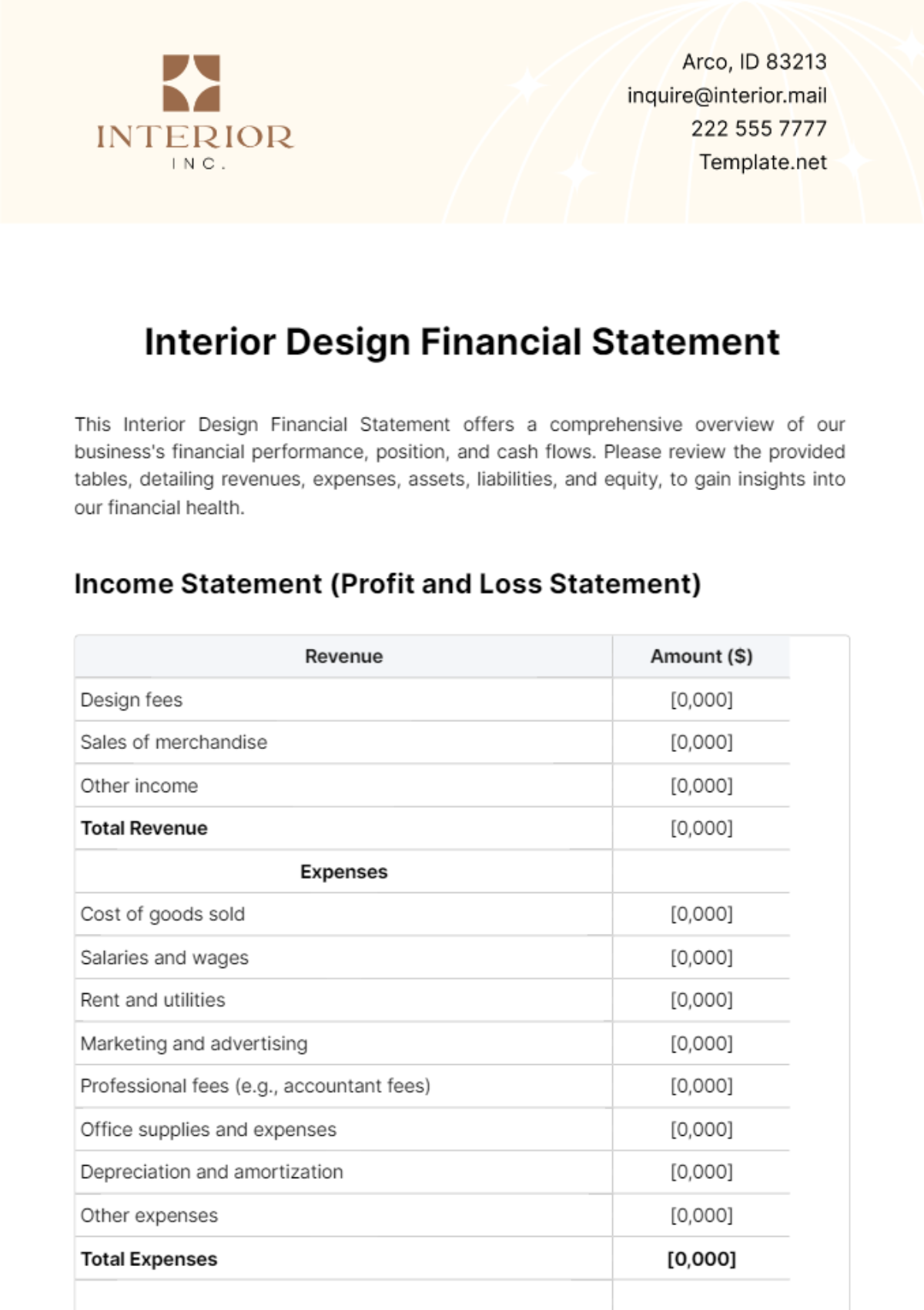 Interior Design Financial Statement Template