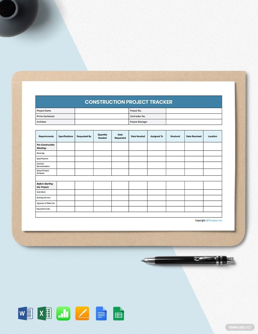 Blank Construction Tracking Template in Word, Google Docs, Excel, Google Sheets, Apple Pages, Apple Numbers