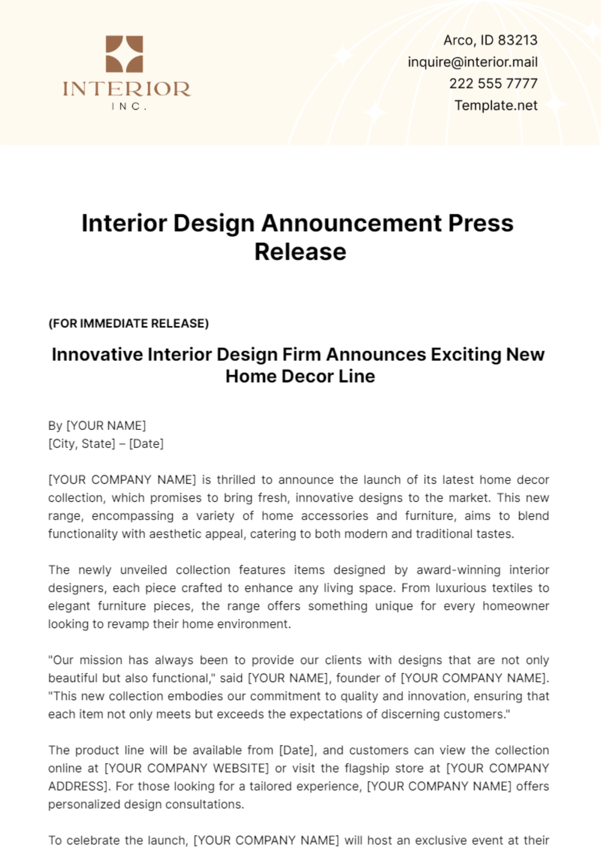 Interior Design Announcement Press Release Template - Edit Online & Download