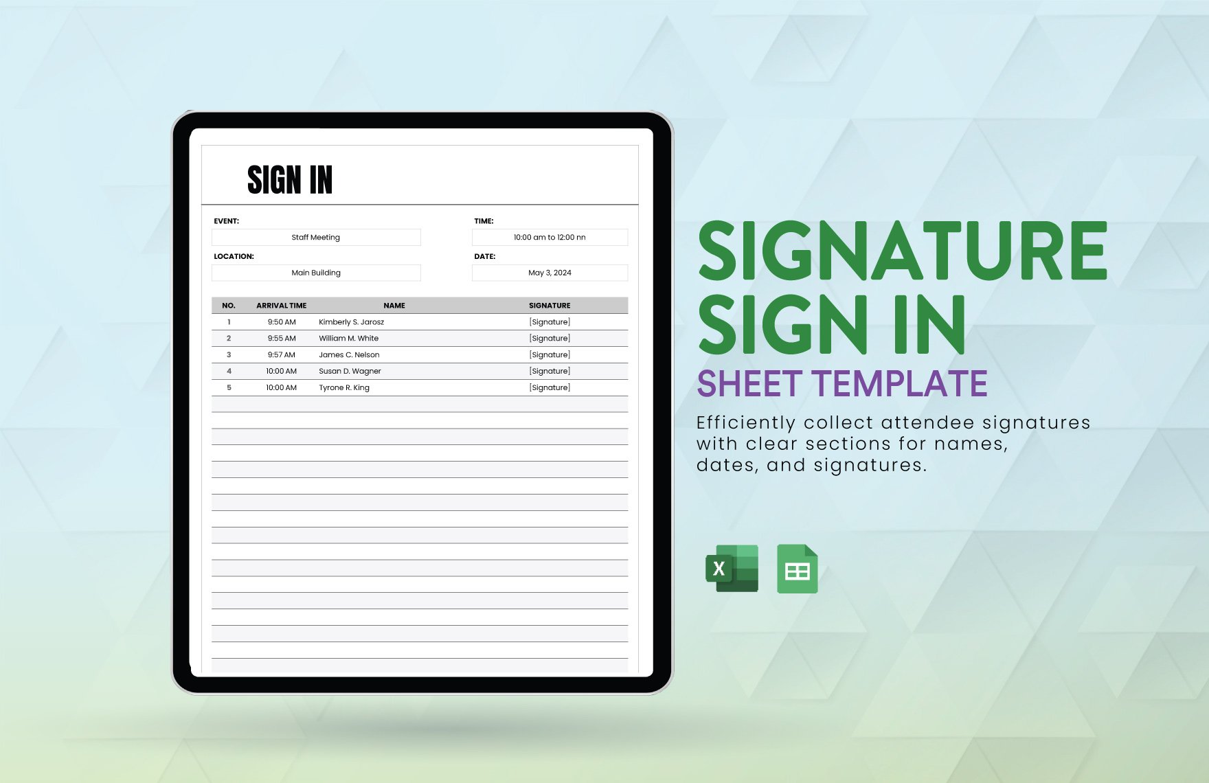 Free Signature Sign in Sheet Template in Excel, Google Sheets