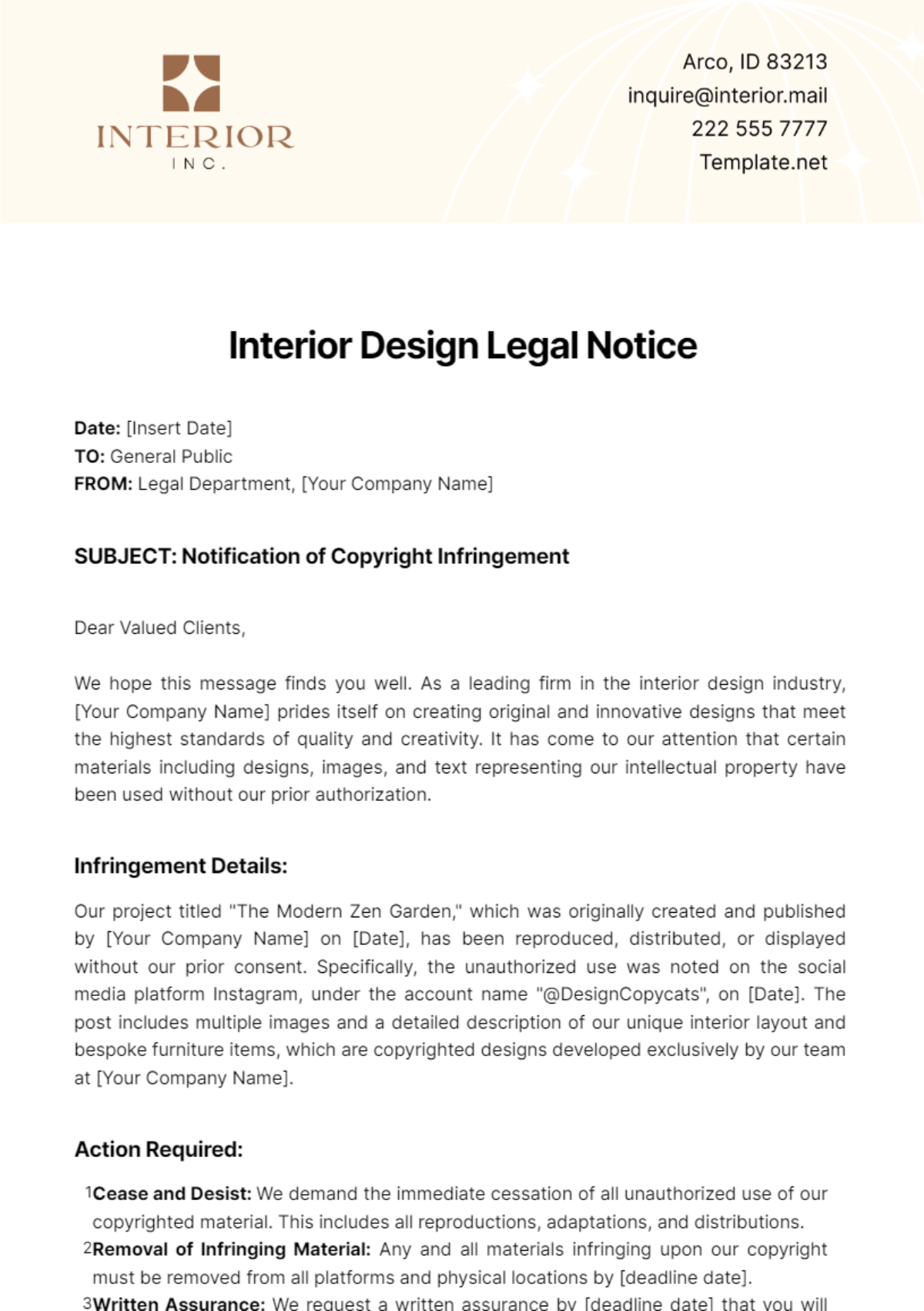 Interior Design Legal Notice Template - Edit Online & Download