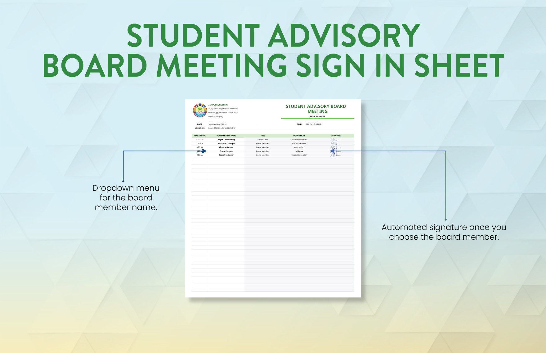 Student Advisory Board Meeting Sign in Sheet Template