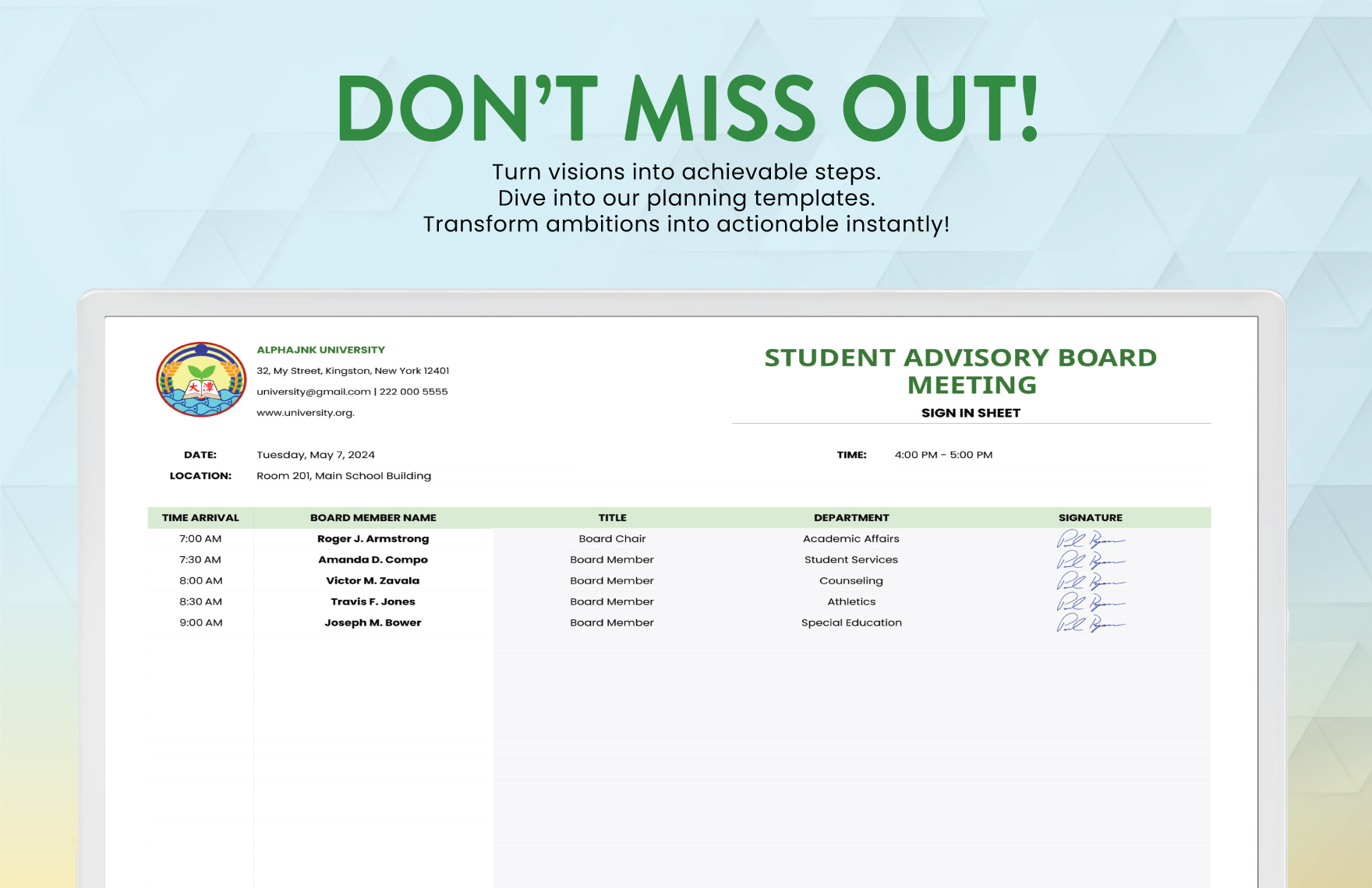 Student Advisory Board Meeting Sign in Sheet Template
