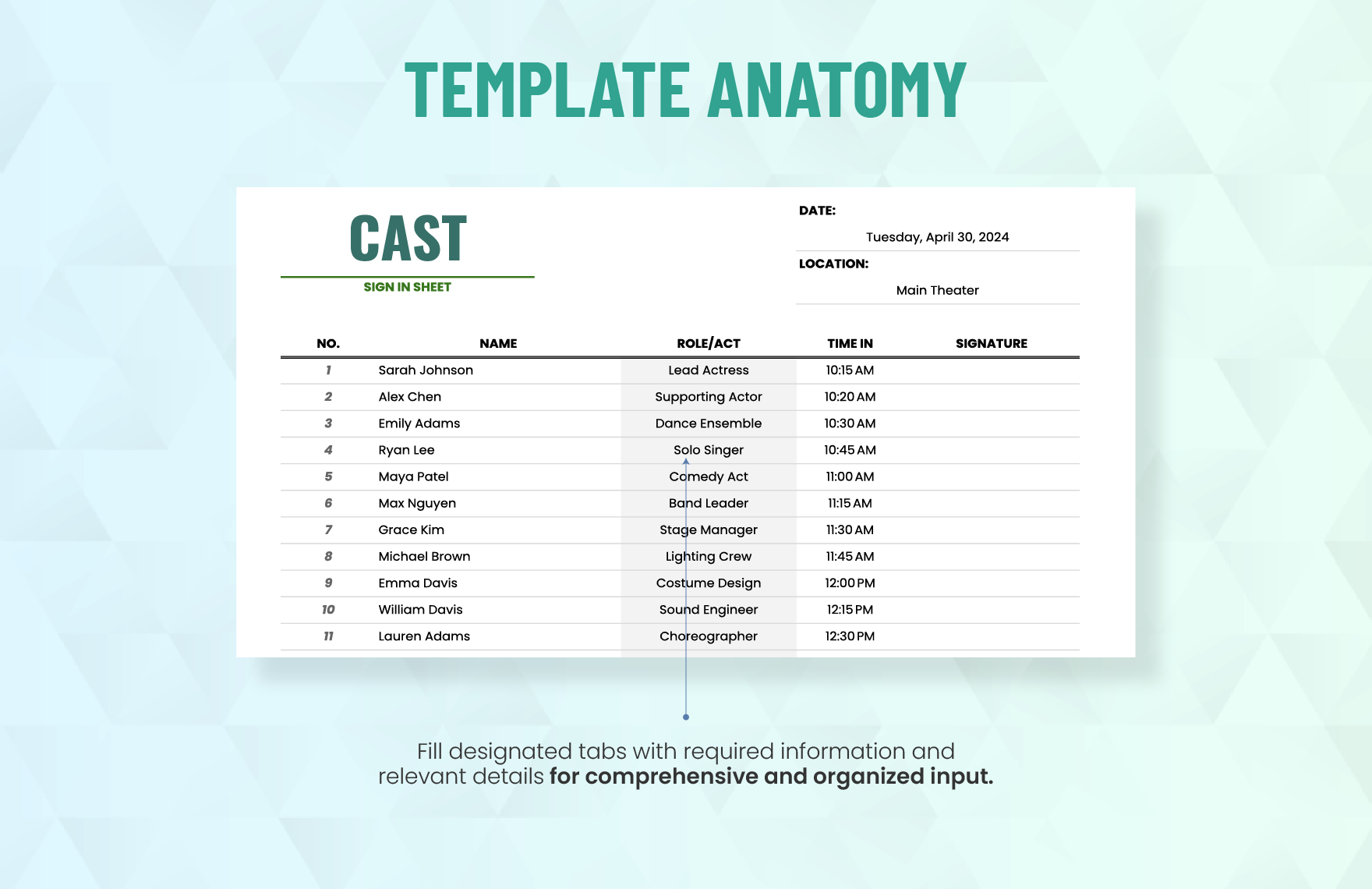 Cast Sign in Sheet Daily Template
