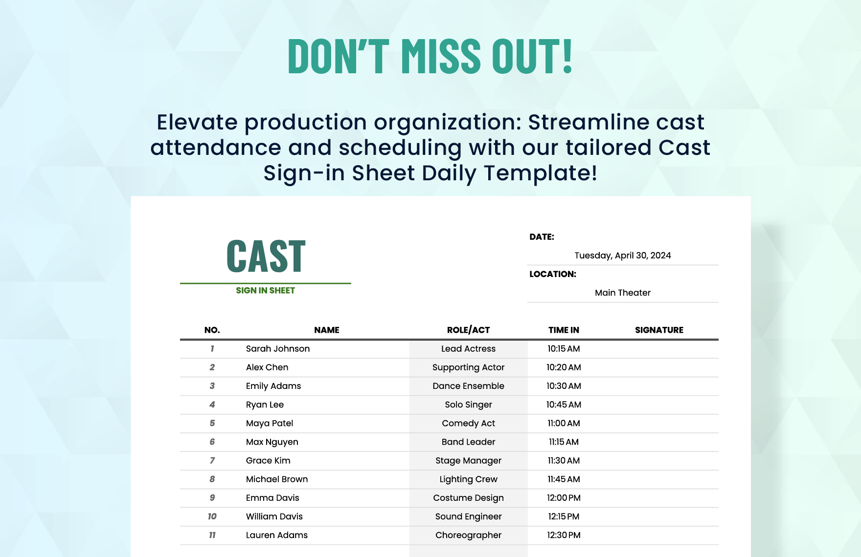 Cast Sign in Sheet Daily Template