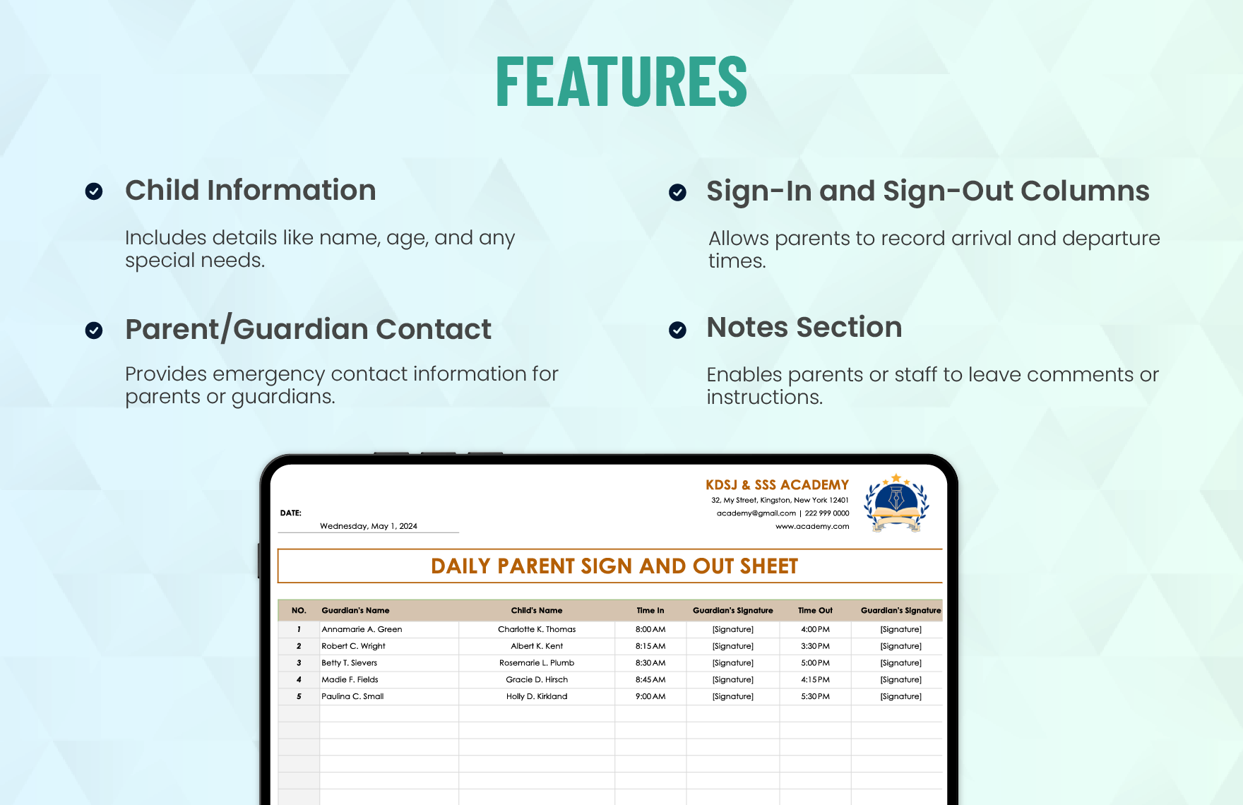 Daily Parent Sign in Sign Out Sheet Template