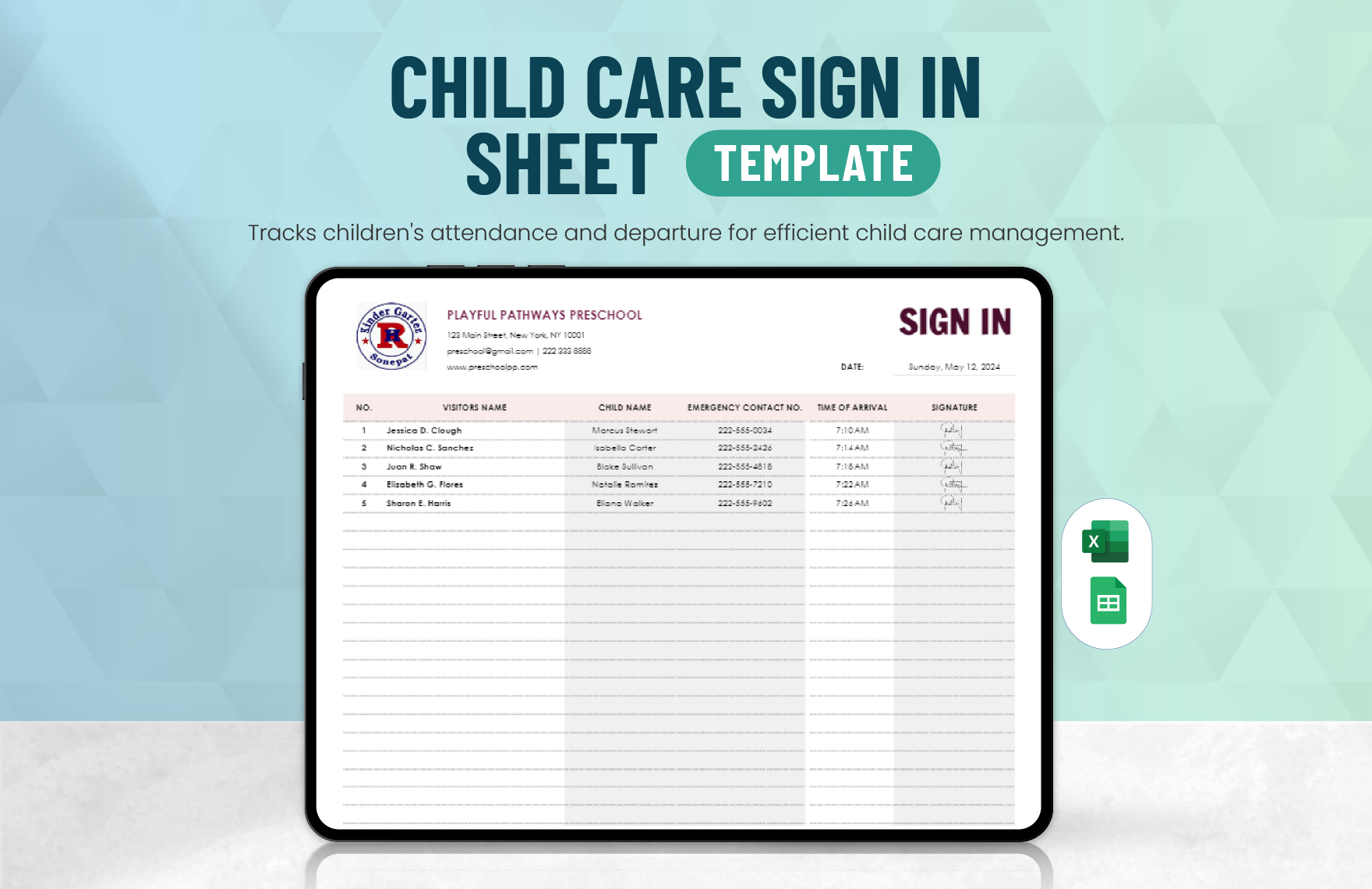 Child Care Sign in Sheet Template in Excel, Google Sheets
