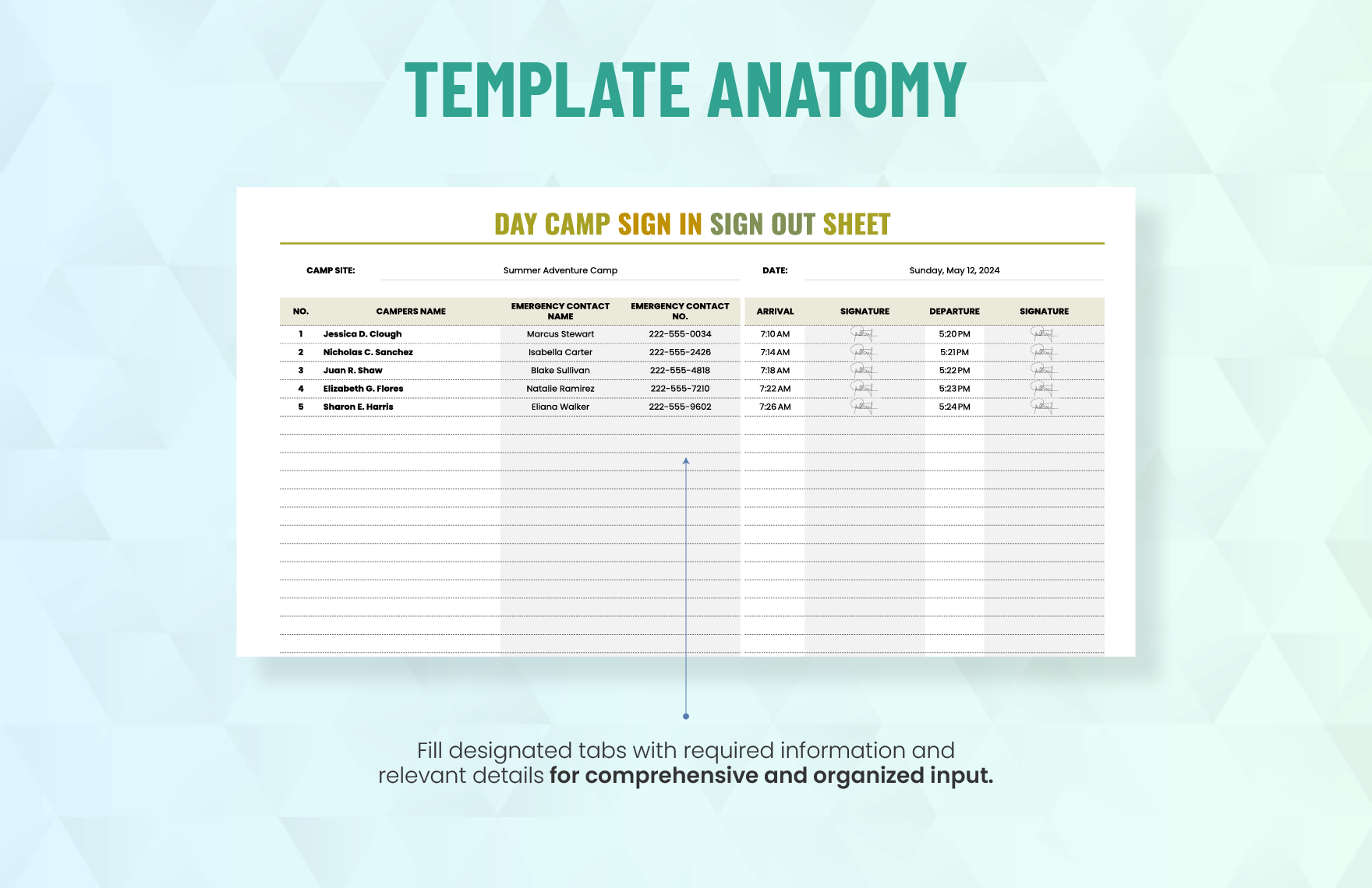 Day Camp Sign in Sign Out Sheet Template