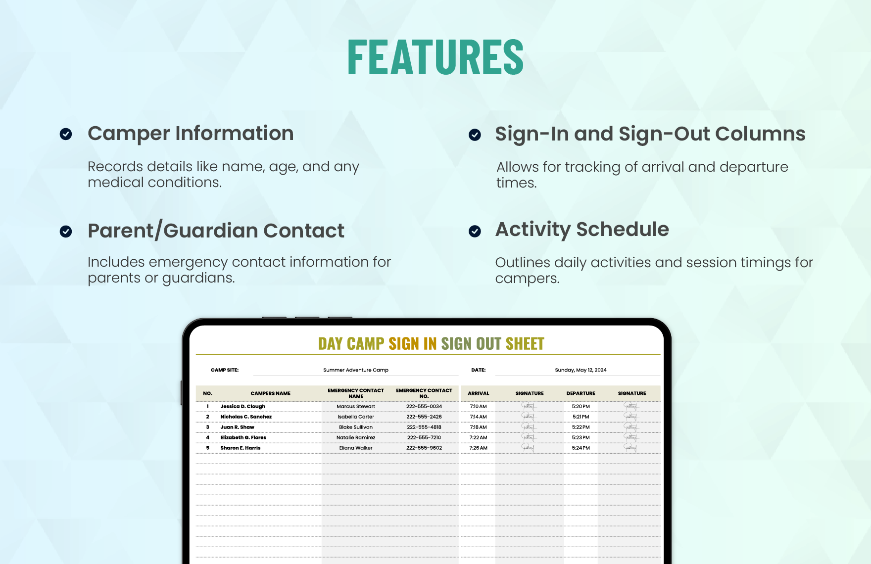 Day Camp Sign in Sign Out Sheet Template