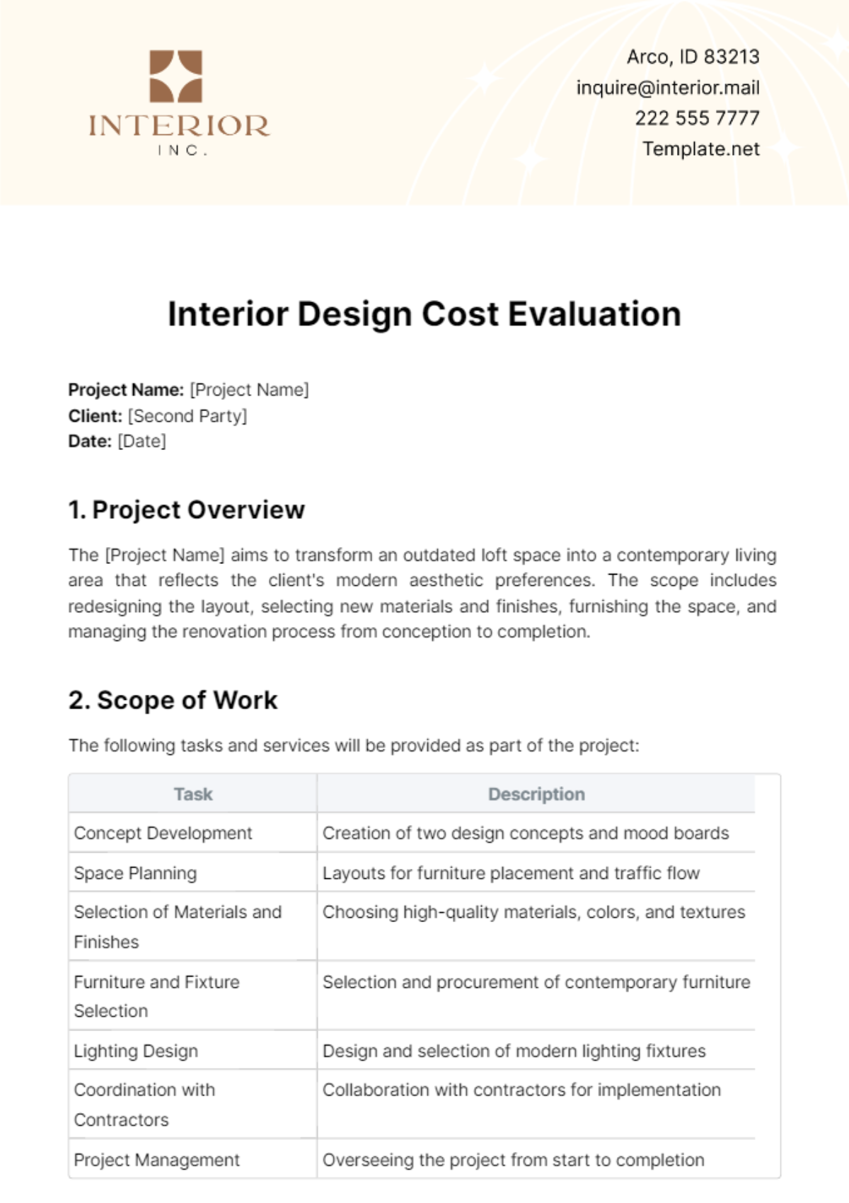 Interior Design Cost Evaluation Template - Edit Online & Download