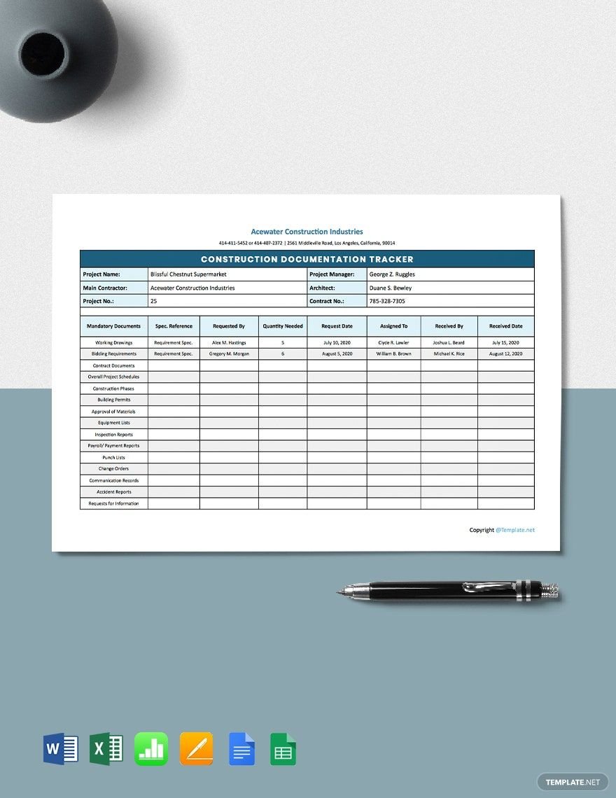 Sample Construction Tracking Template in Word, Google Docs, Excel, Google Sheets, Apple Pages, Apple Numbers