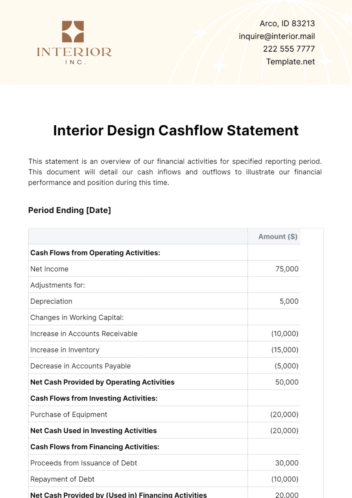 Interior Design Cashflow Statement Template