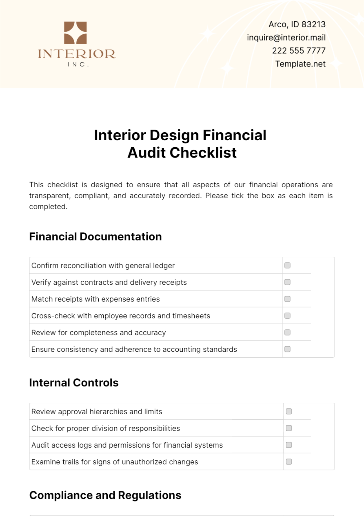 Free Interior Design Financial Audit Checklist Template