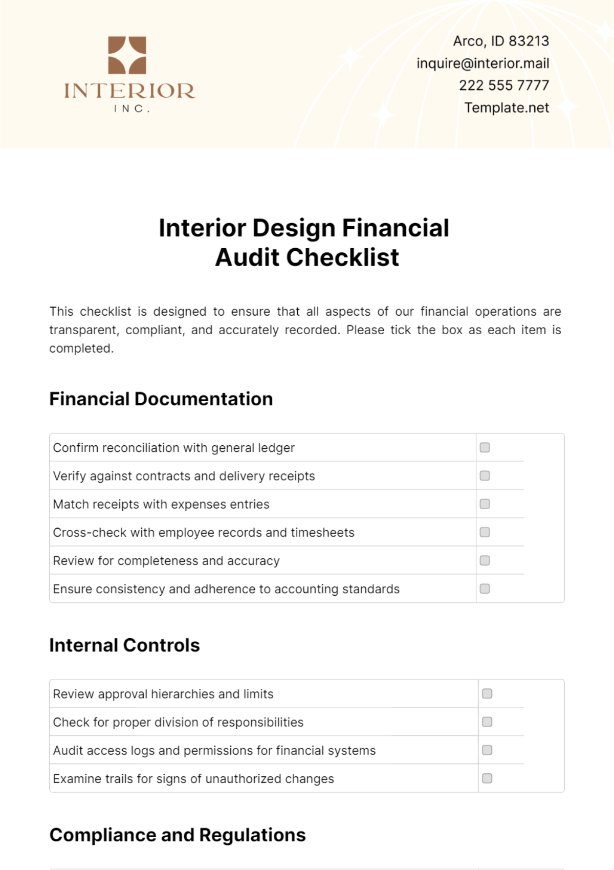 Interior Design Financial Audit Checklist Template - Edit Online & Download