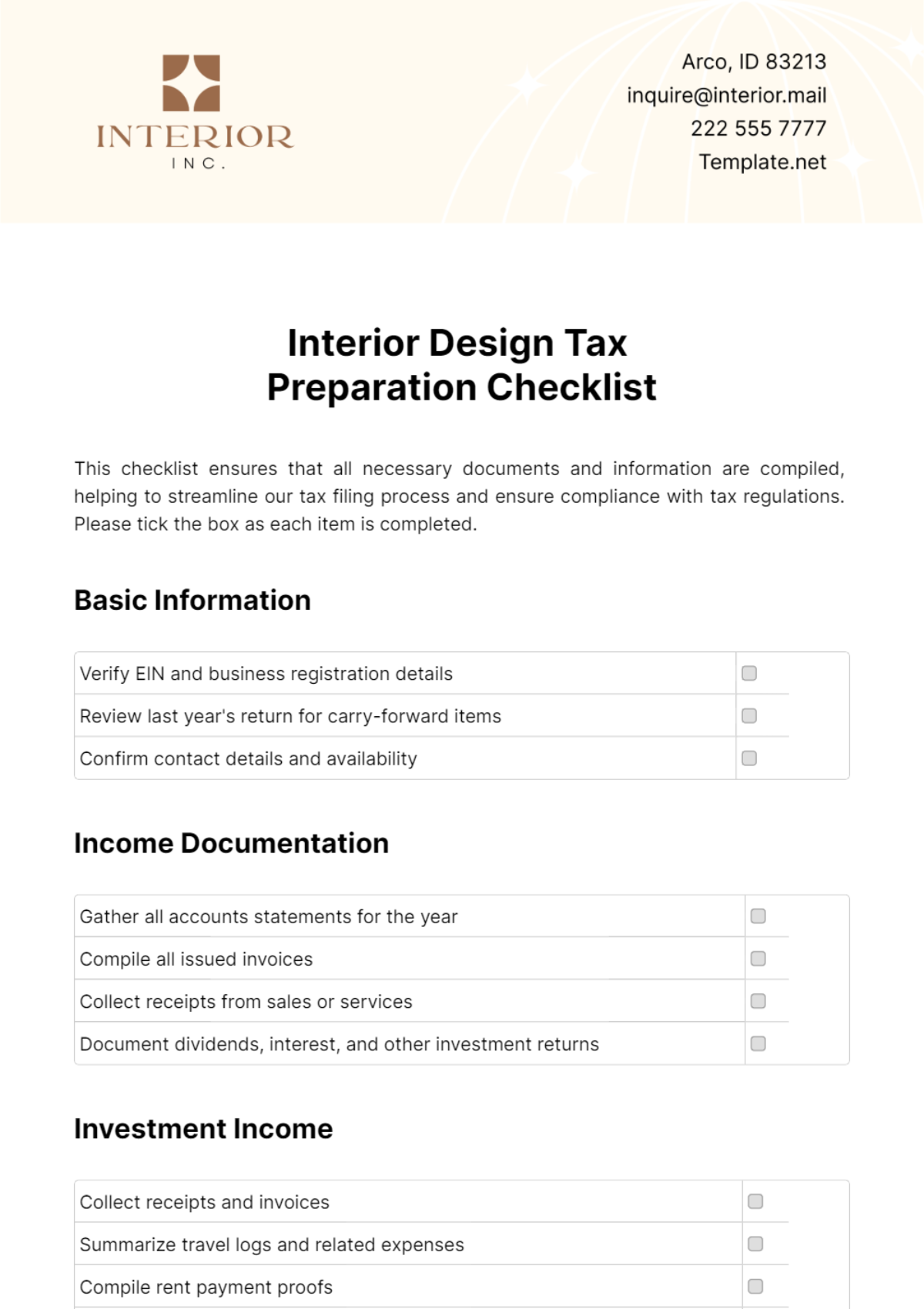 Free Interior Design Tax Preparation Checklist Template