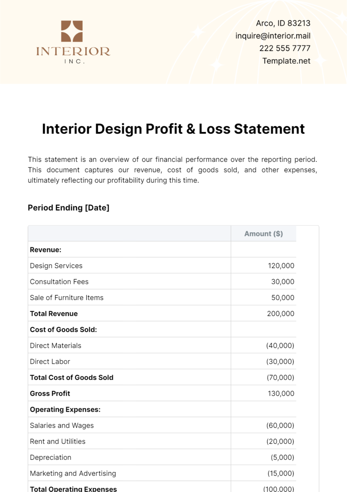 Interior Design Profit & Loss Statement Template