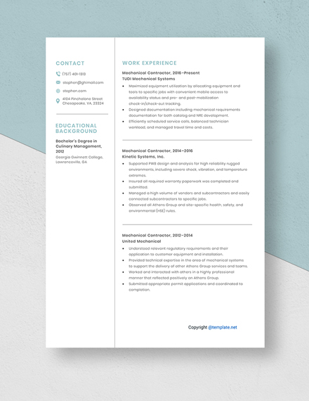 Mechanical Contractor Resume Template 