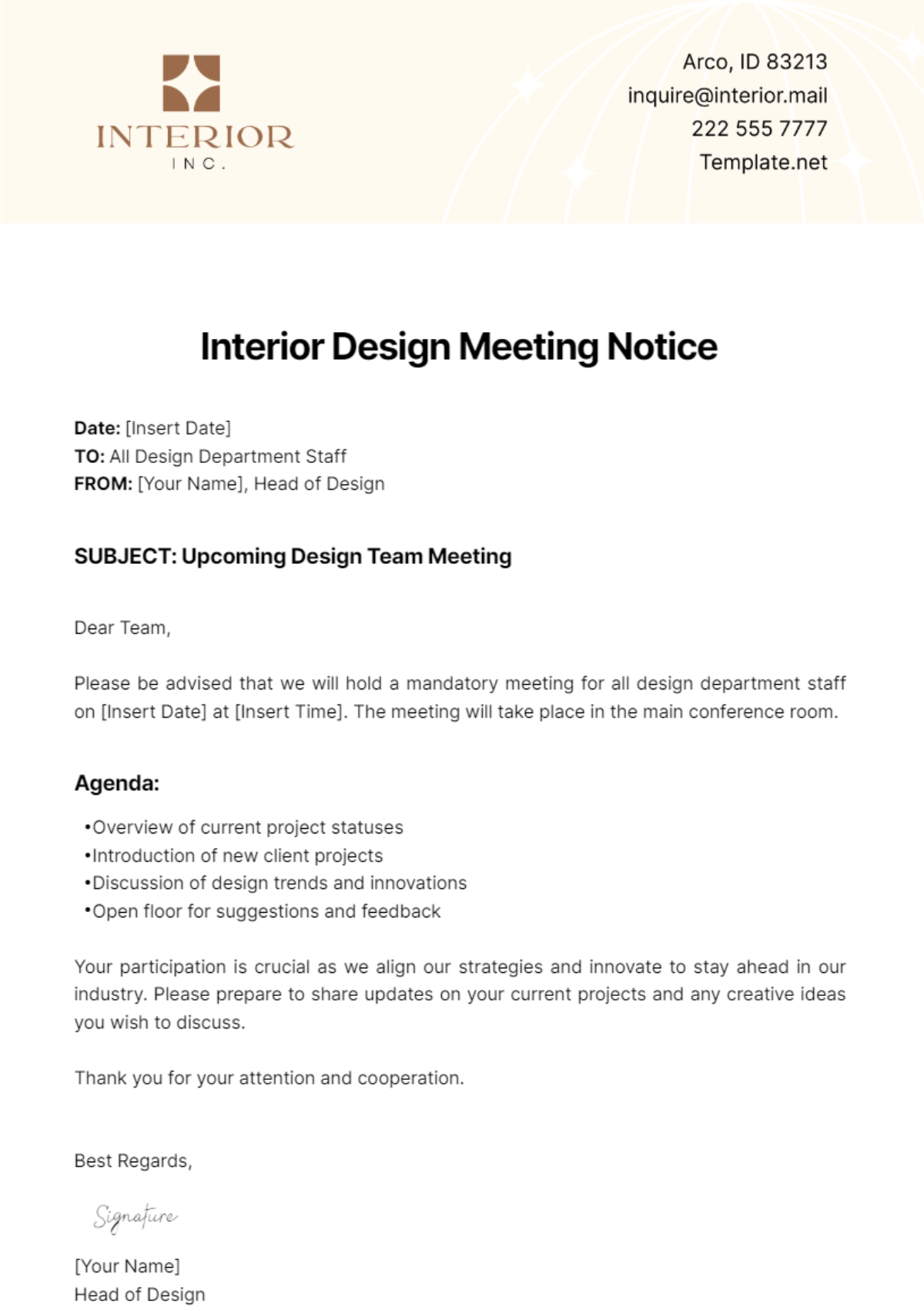 Free Interior Design Meeting Notice Template