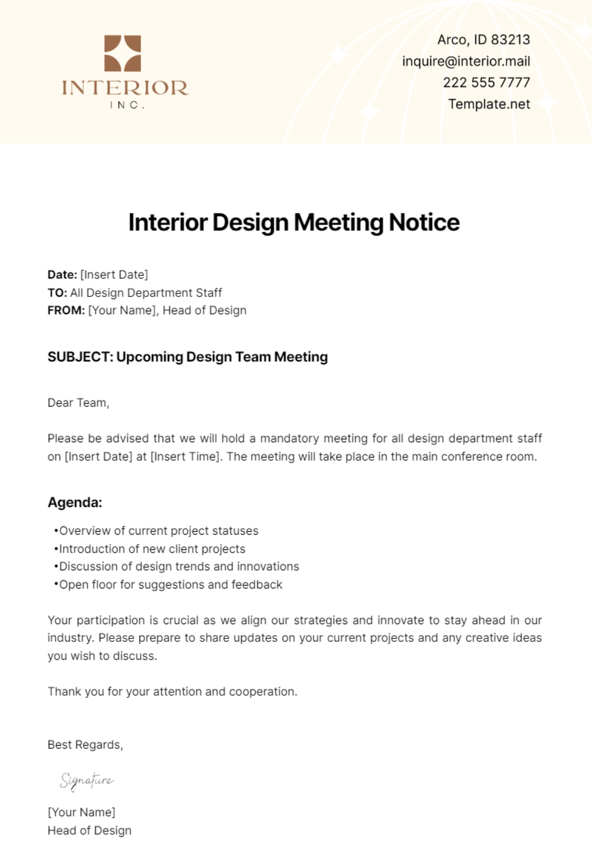 Interior Design Meeting Notice Template - Edit Online & Download