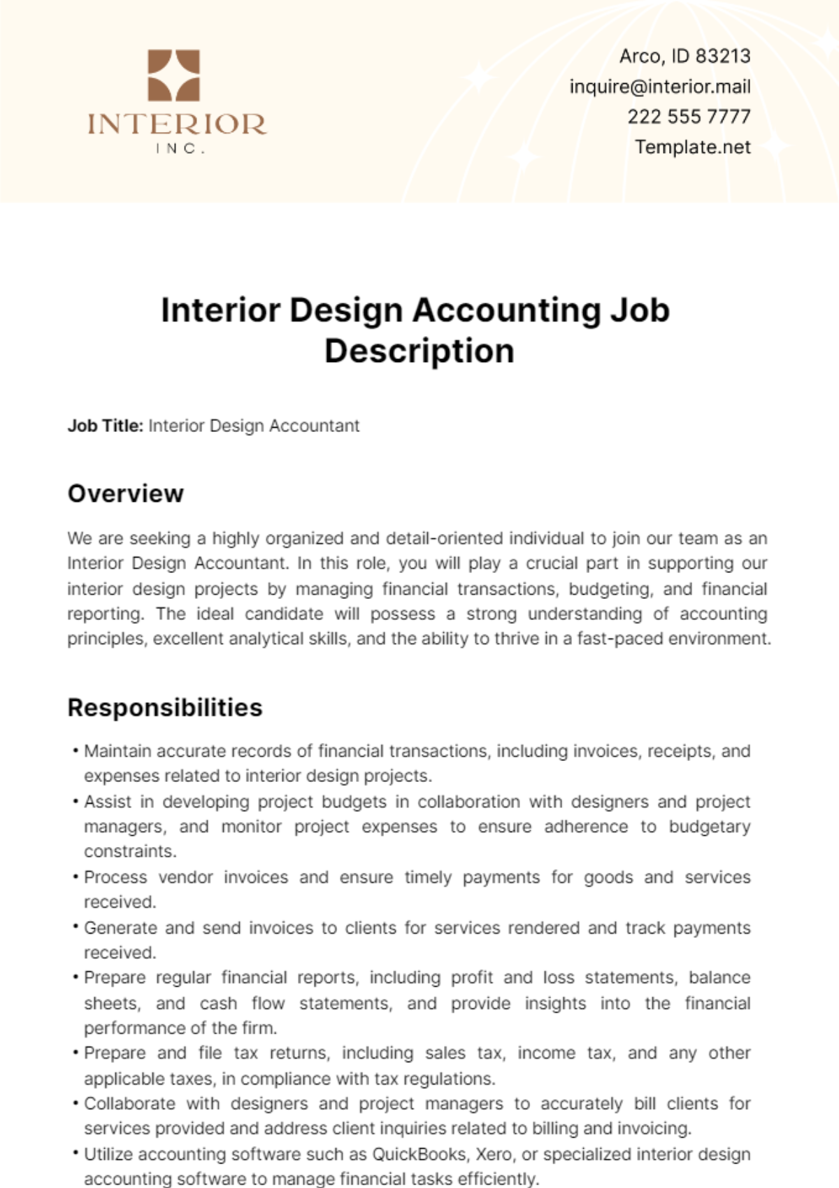 Free Interior Design Accounting Job Description Template