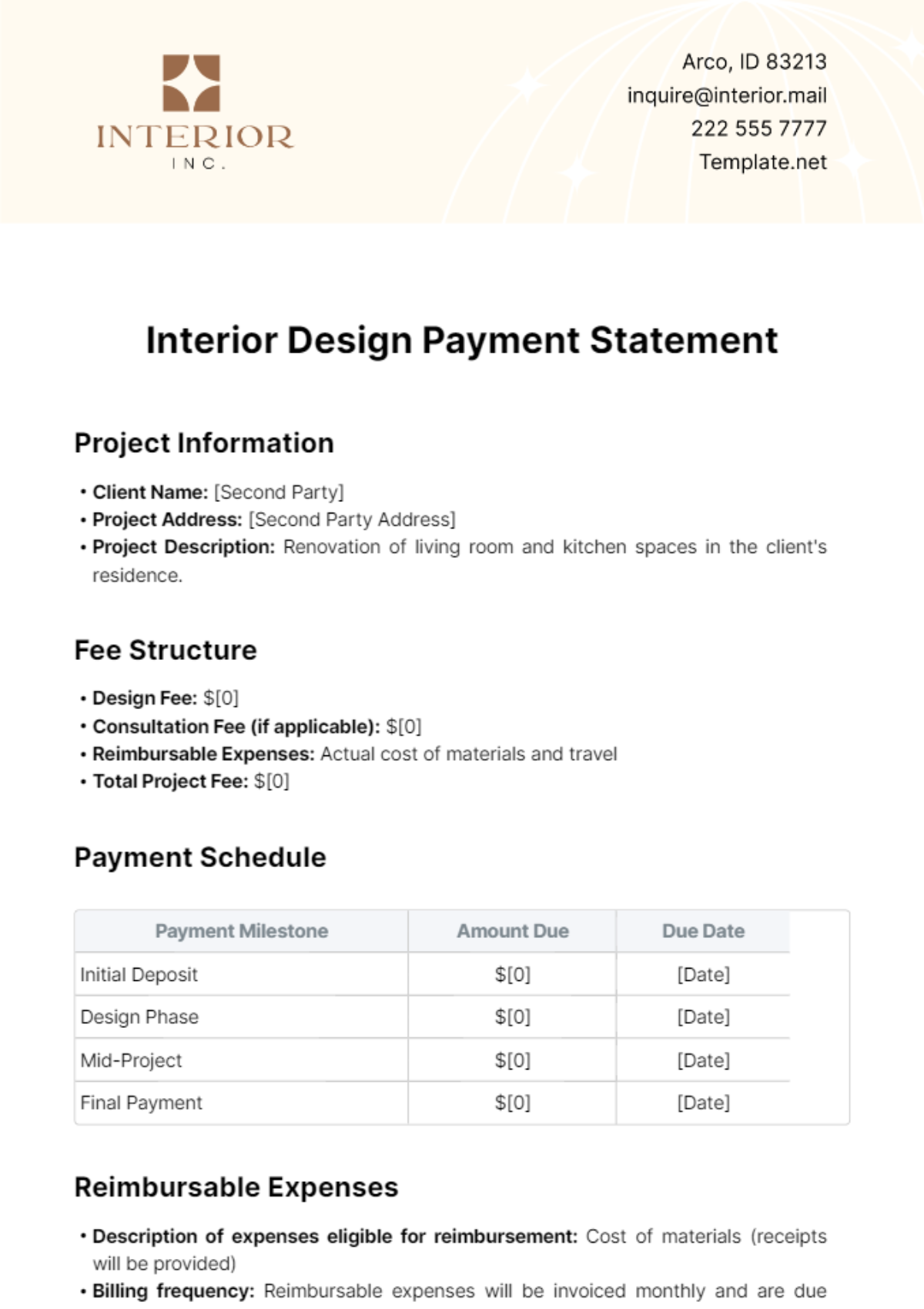 Interior Design Payment Statement Template