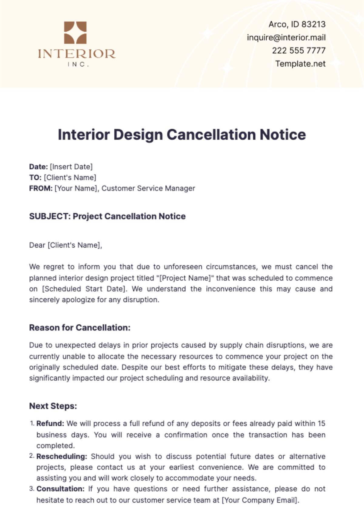 Free Interior Design Cancellation Notice Template