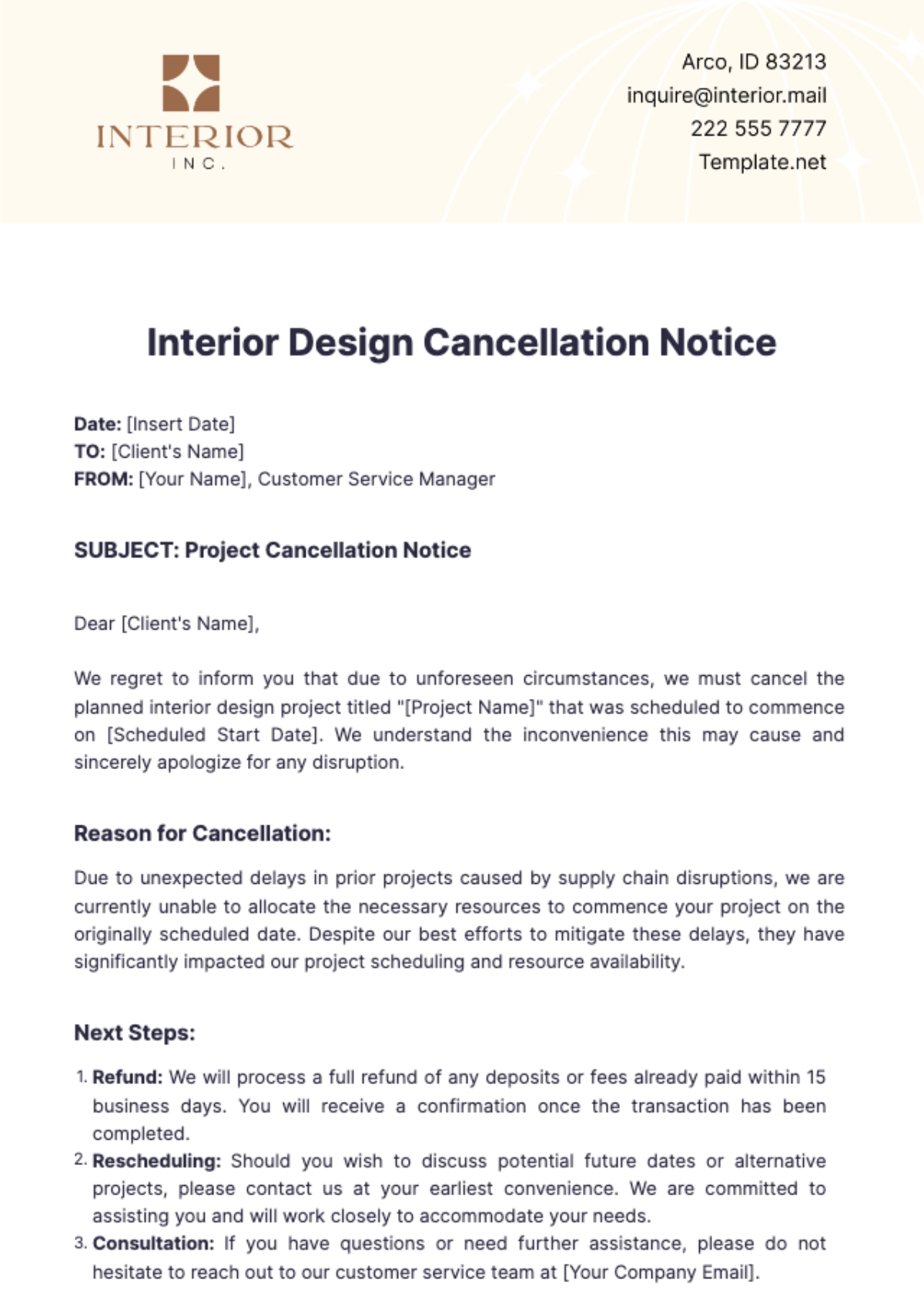 Interior Design Cancellation Notice Template - Edit Online & Download