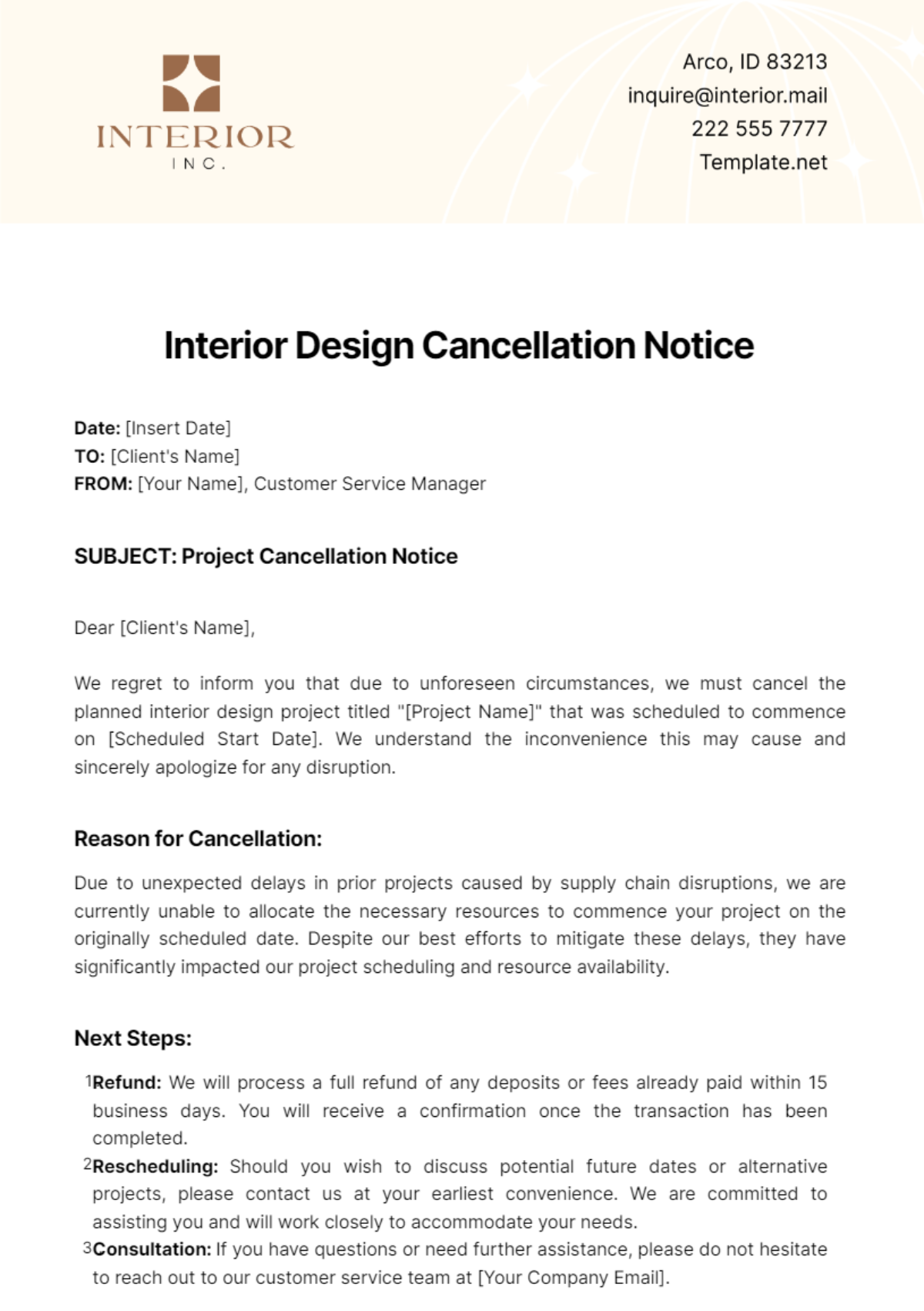 Interior Design Cancellation Notice Template
