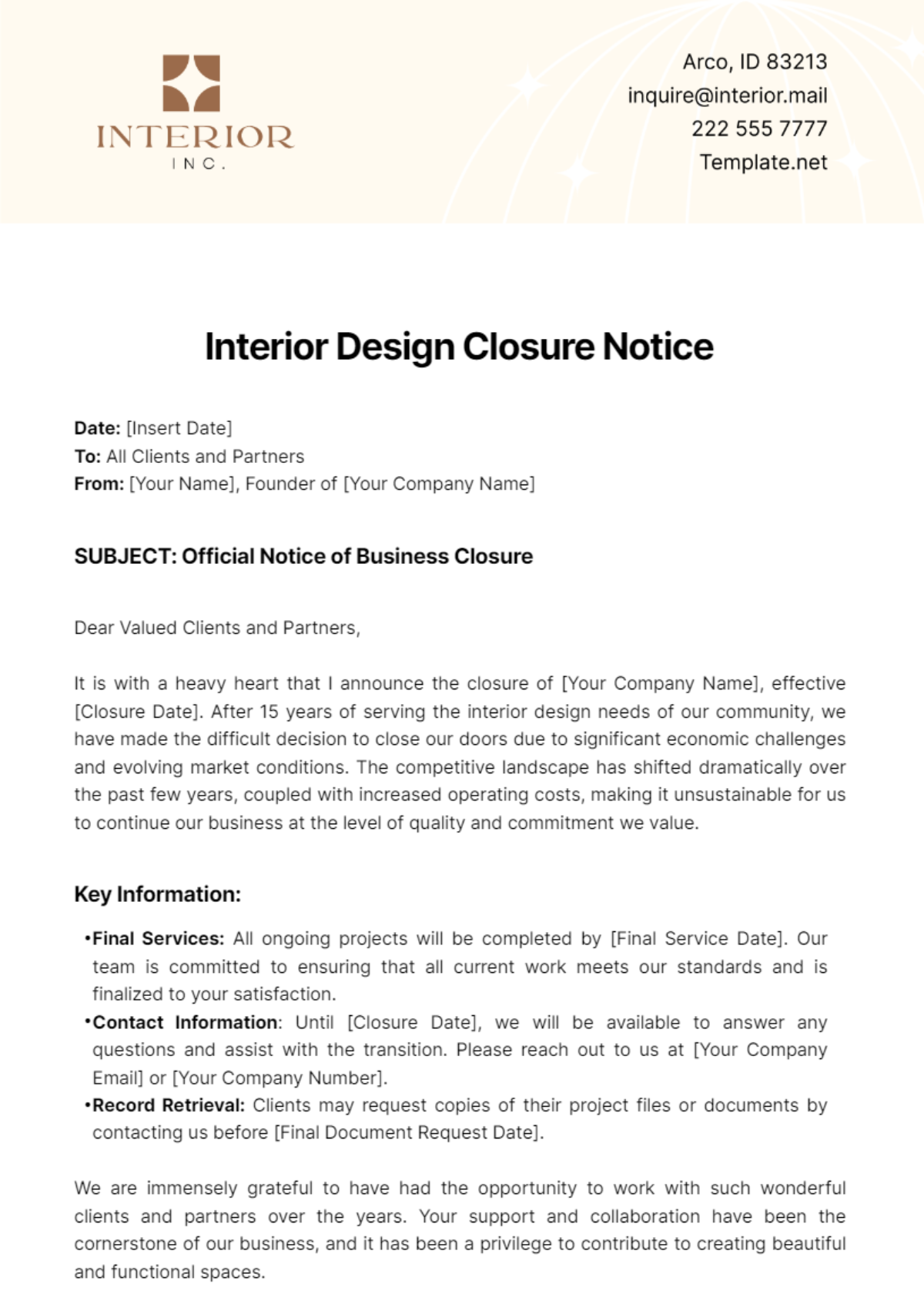 Free Interior Design Closure Notice Template