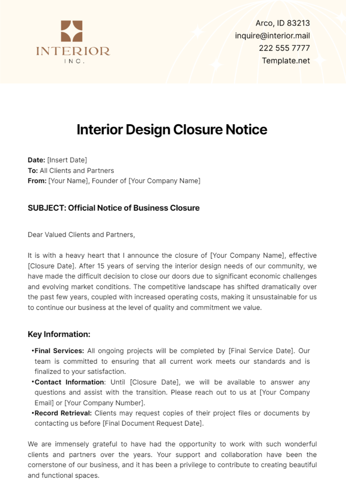 Interior Design Closure Notice Template - Edit Online & Download