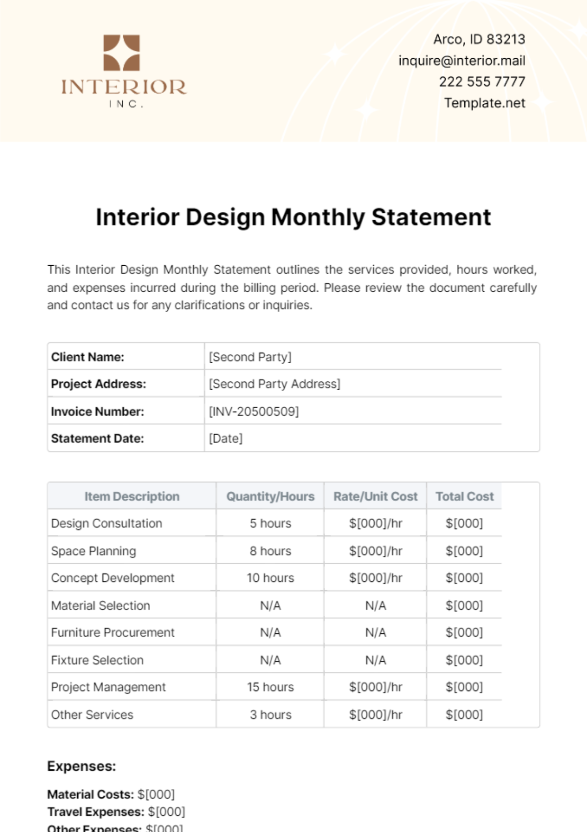 Interior Design Monthly Statement Template