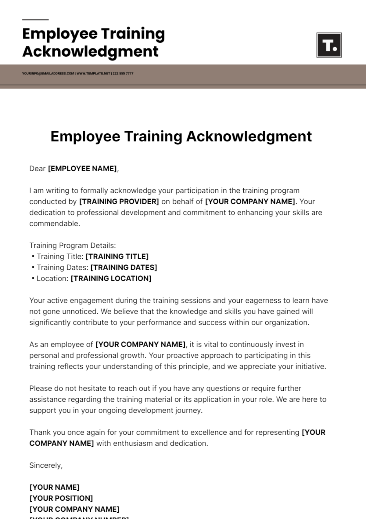 Employee Training Acknowledgment Template