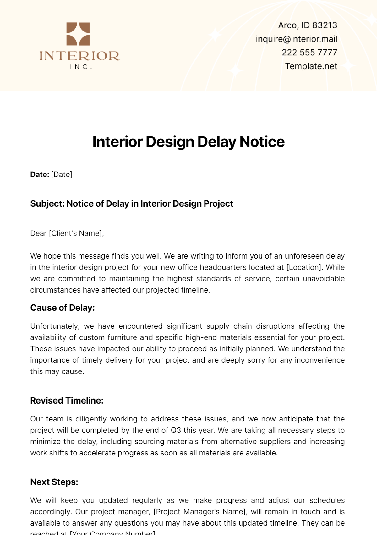 Interior Design Delay Notice Template - Edit Online & Download