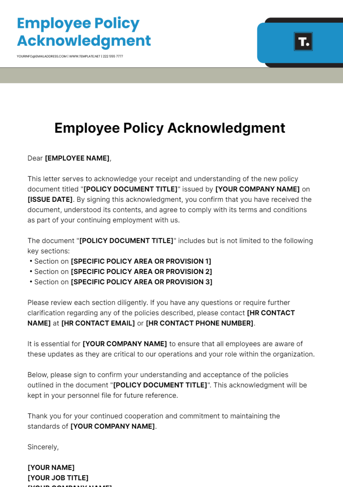 Free Employee Policy Acknowledgment Template - Edit Online & Download ...