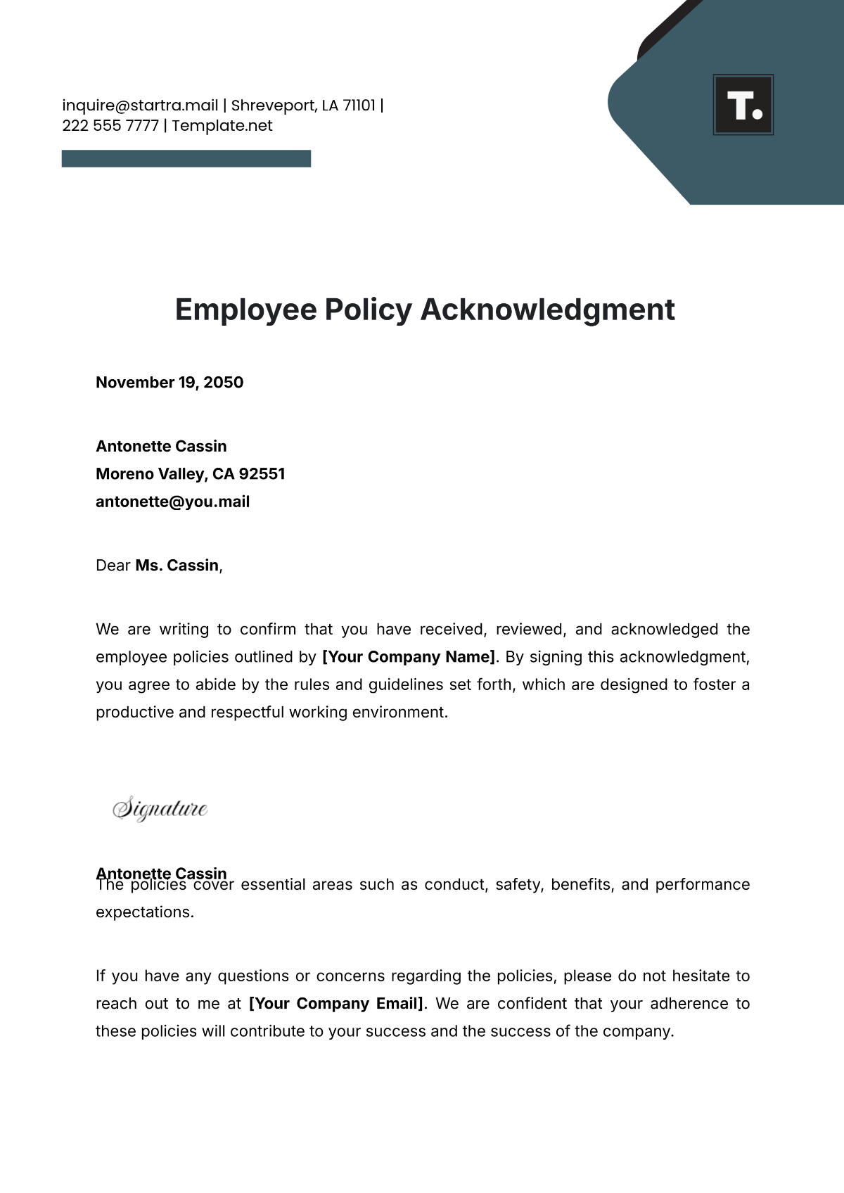 Employee Policy Acknowledgment Template - Edit Online & Download