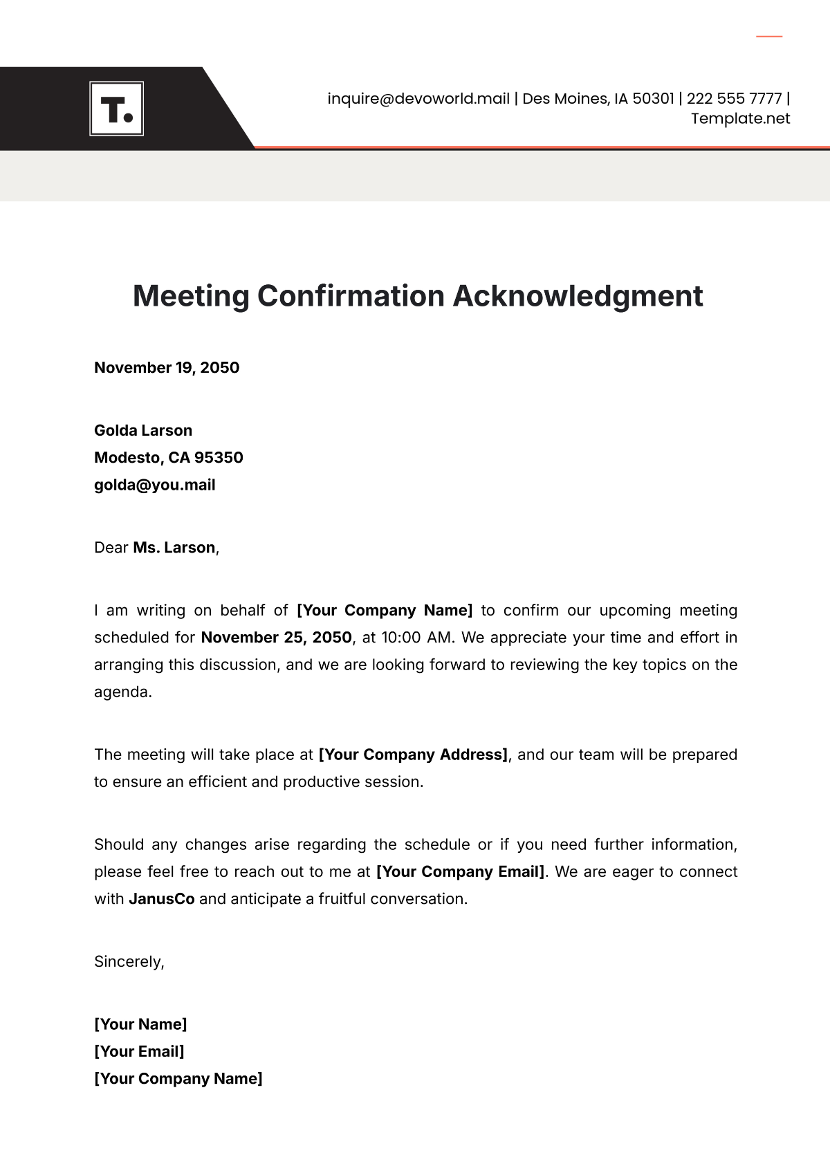 Meeting Confirmation Acknowledgment Template - Edit Online & Download