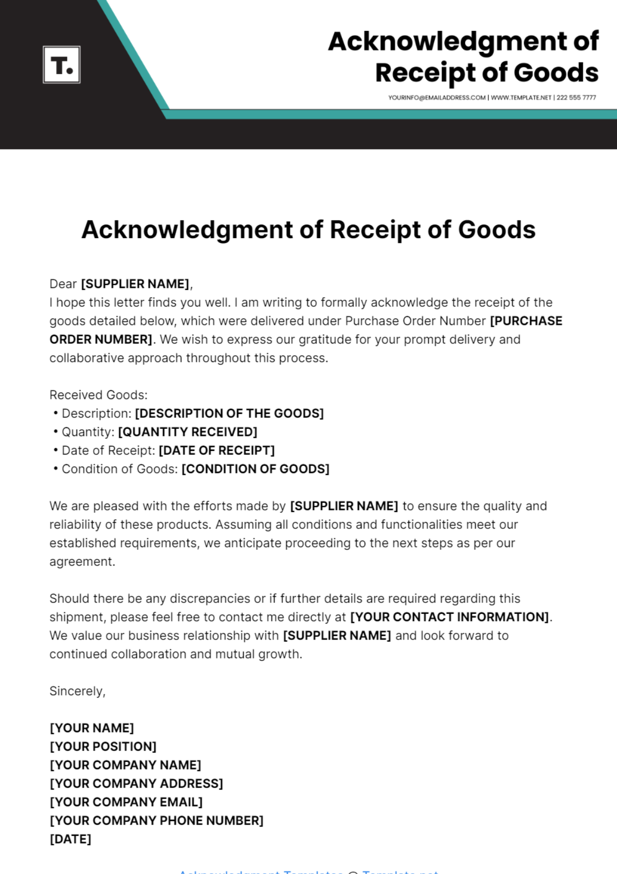 Acknowledgment Of Receipt Of Goods Template