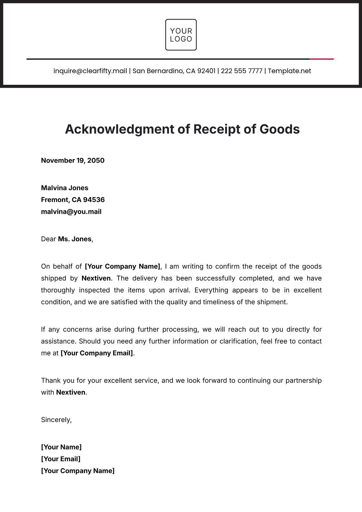 Acknowledgment Of Receipt Of Goods Template - Edit Online & Download