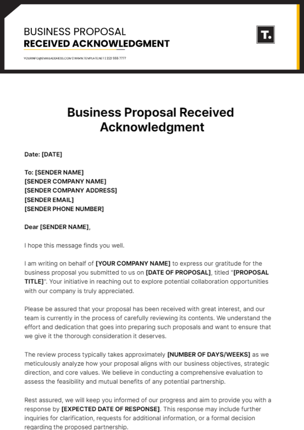 Business Proposal Received Acknowledgment Template