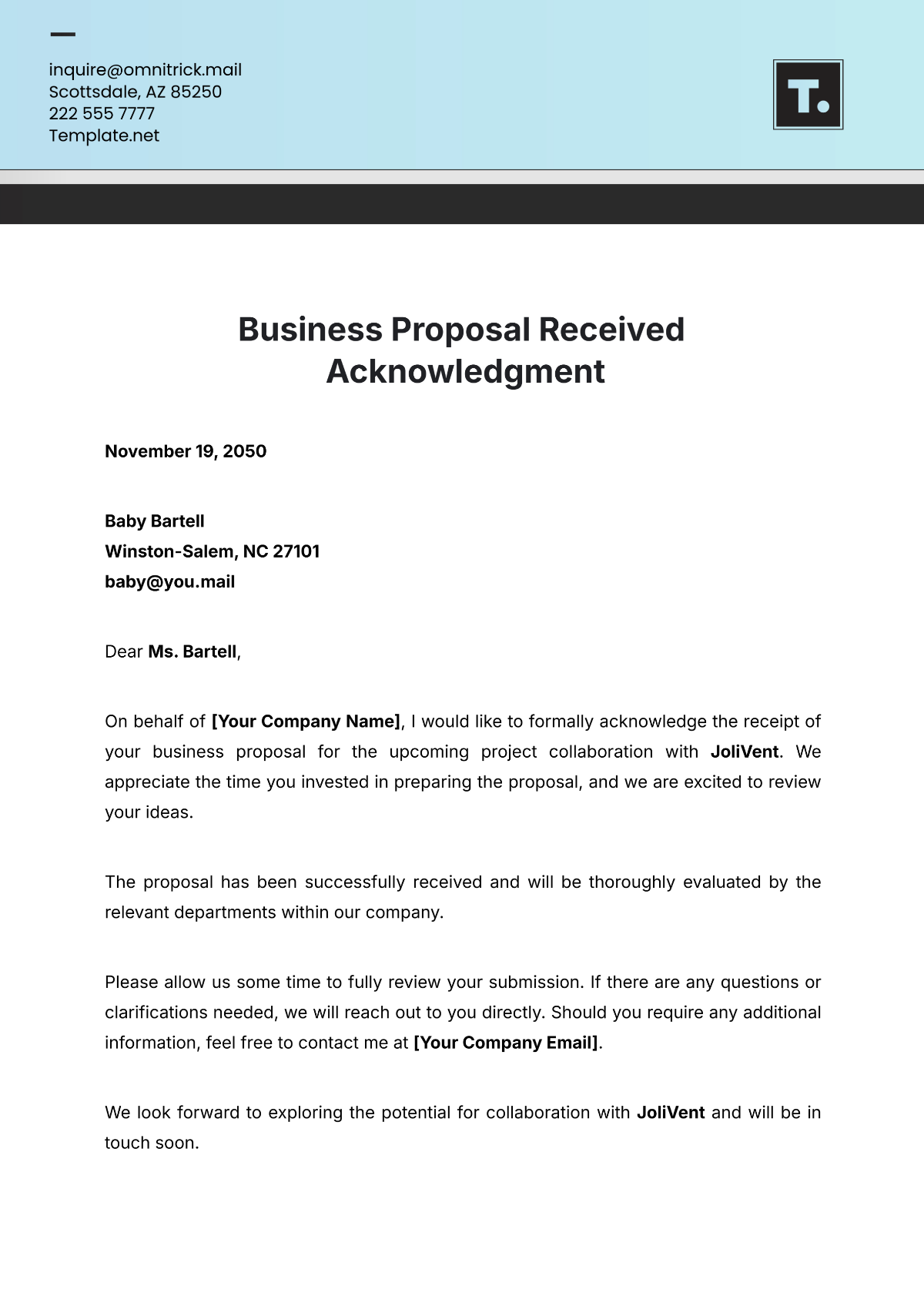 Business Proposal Received Acknowledgment Template - Edit Online & Download