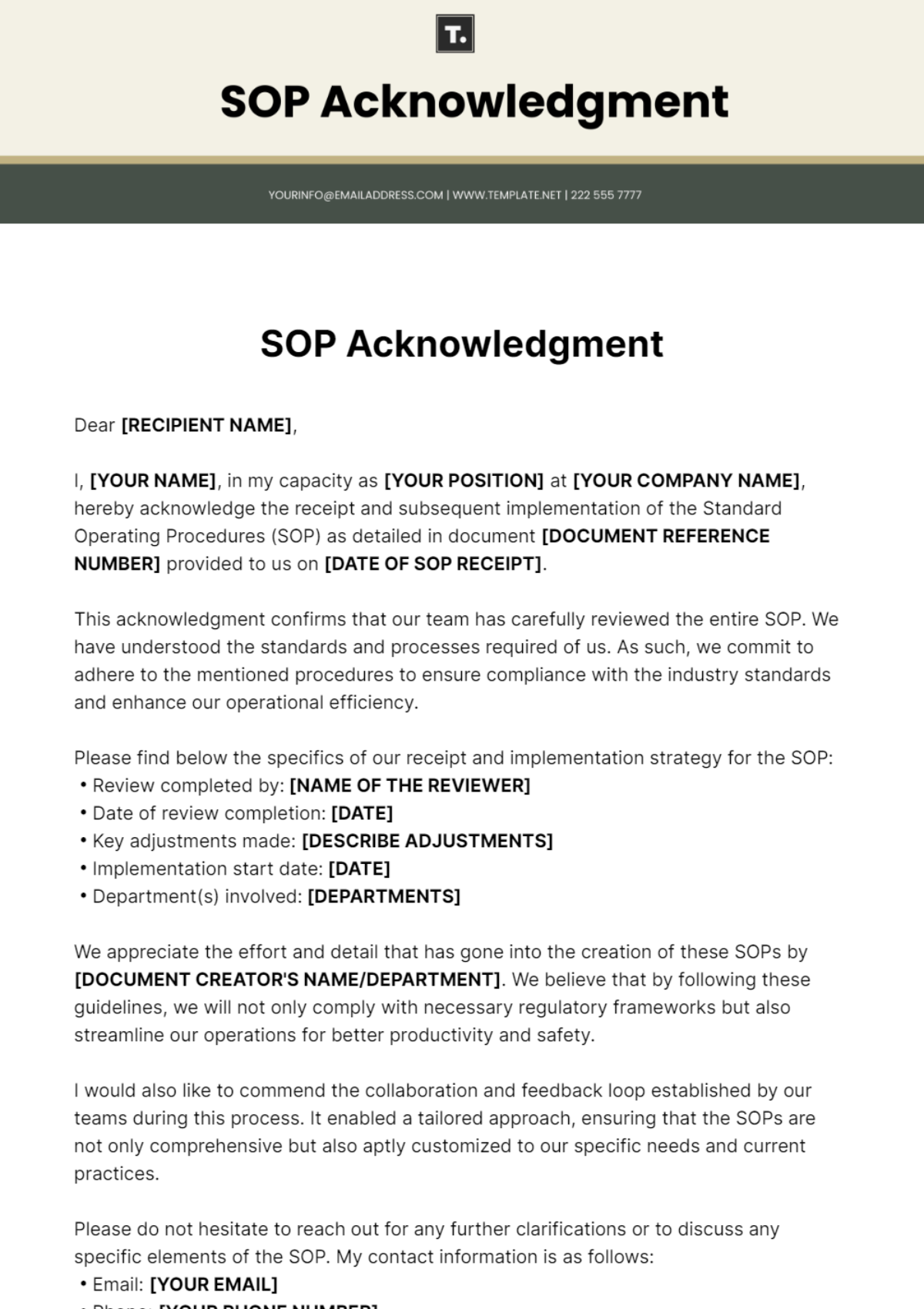 Sop Acknowledgment Template