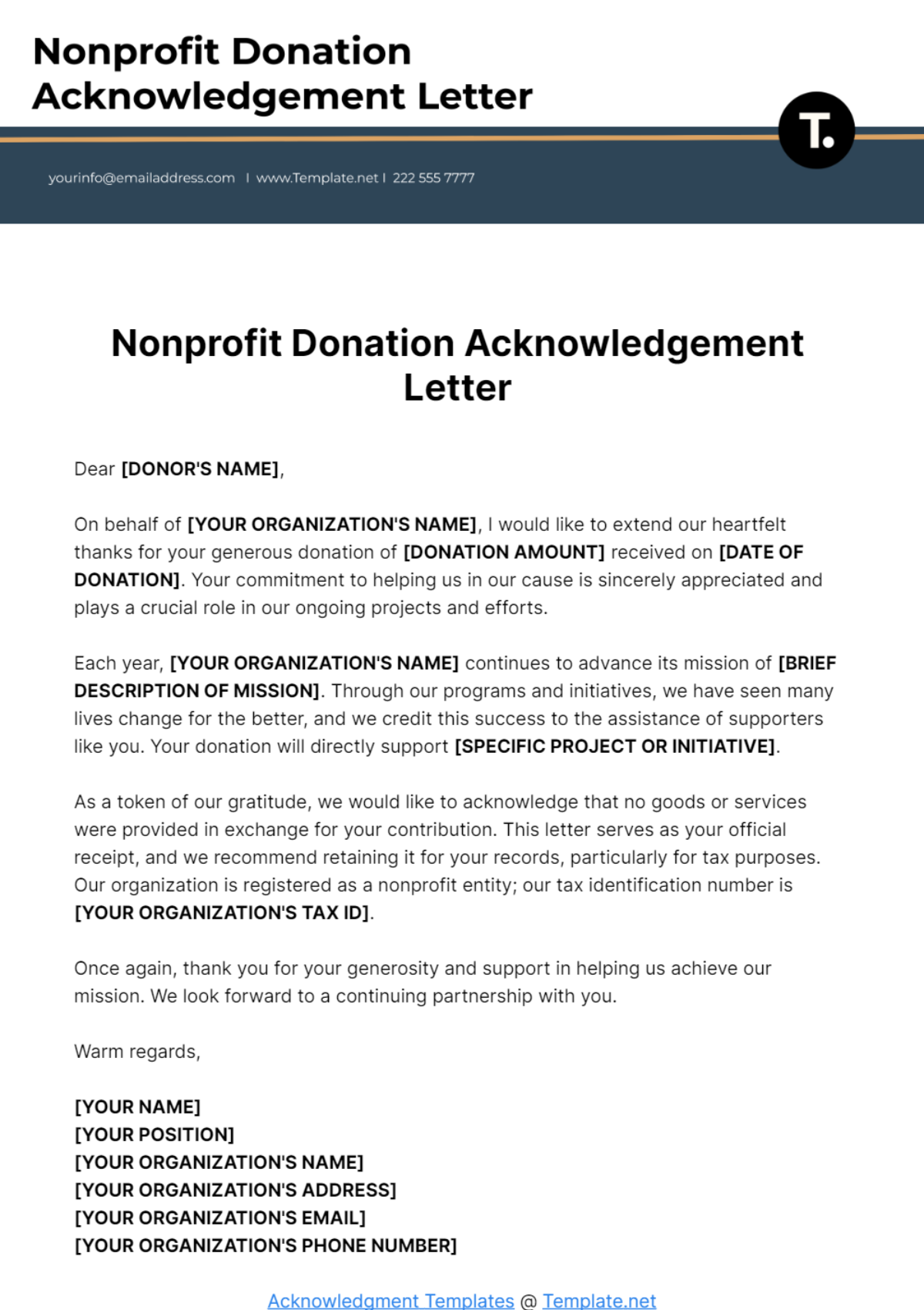 Nonprofit Acknowledgment Letter Template