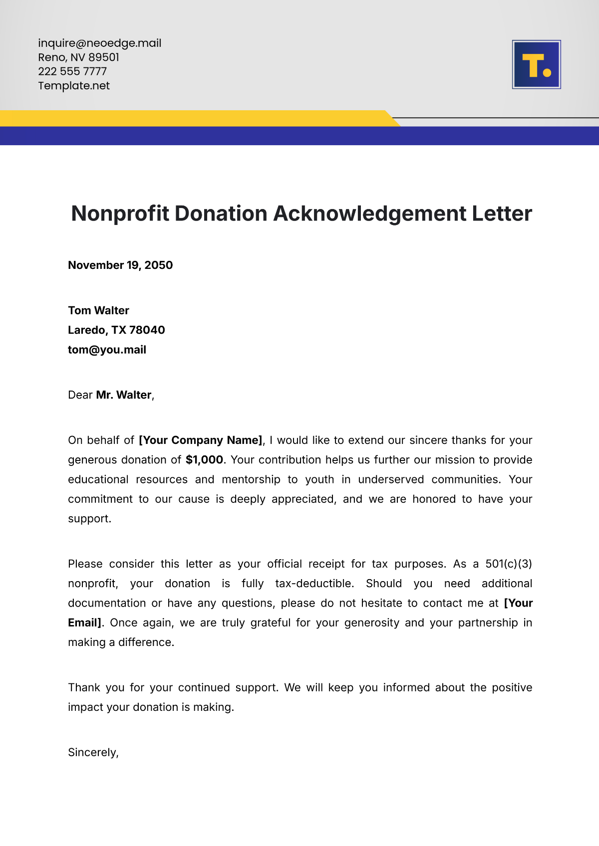 Nonprofit Acknowledgment Letter Template - Edit Online & Download