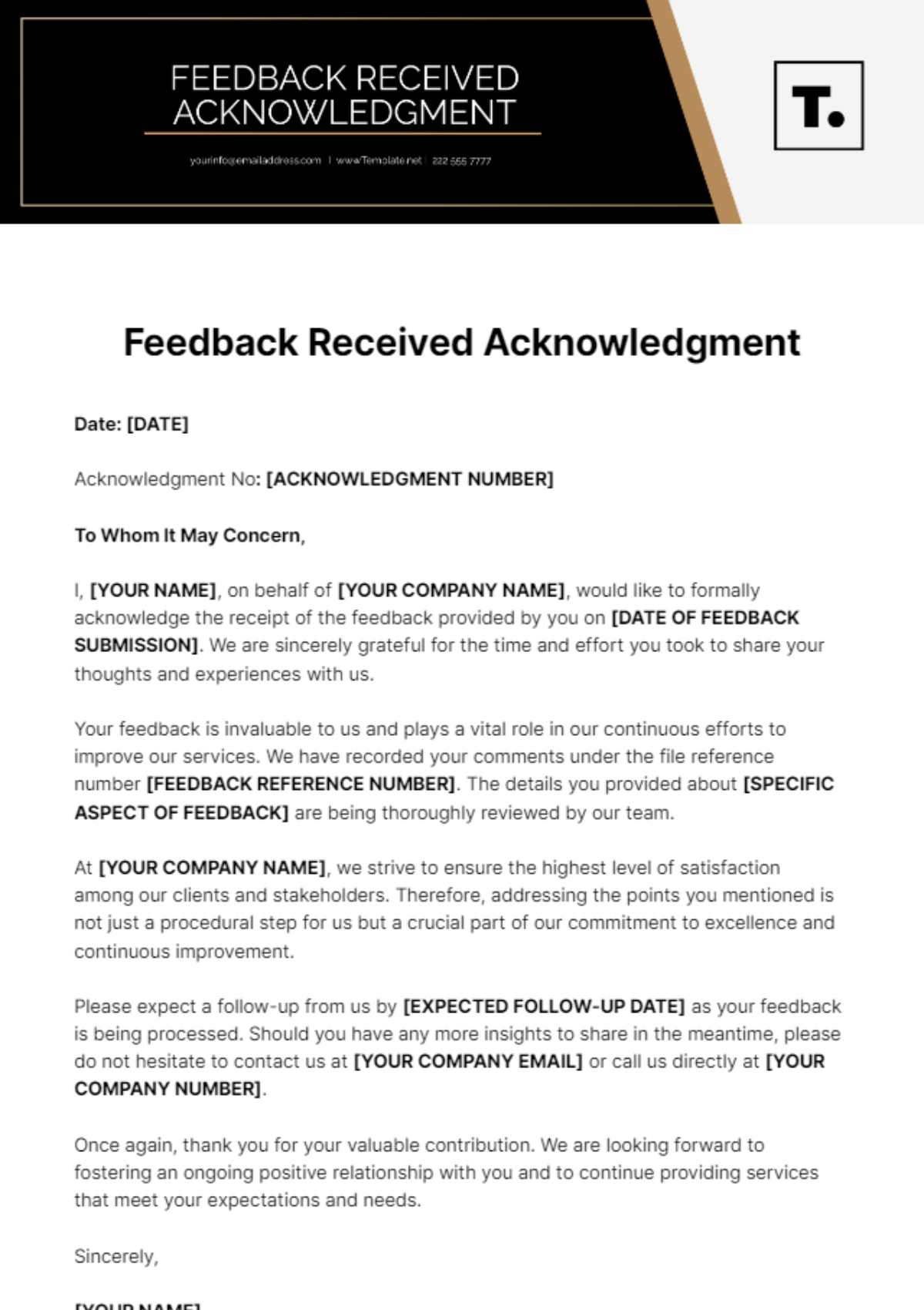 Feedback Received Acknowledgment Template