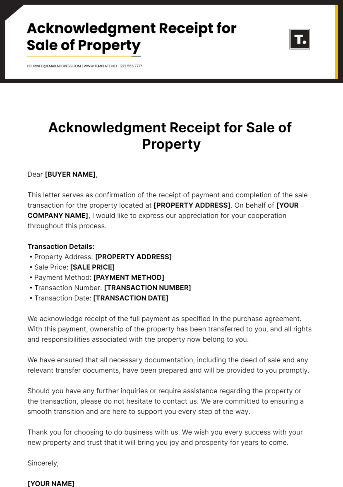 Acknowledgment Receipt For Sale Of Property Template