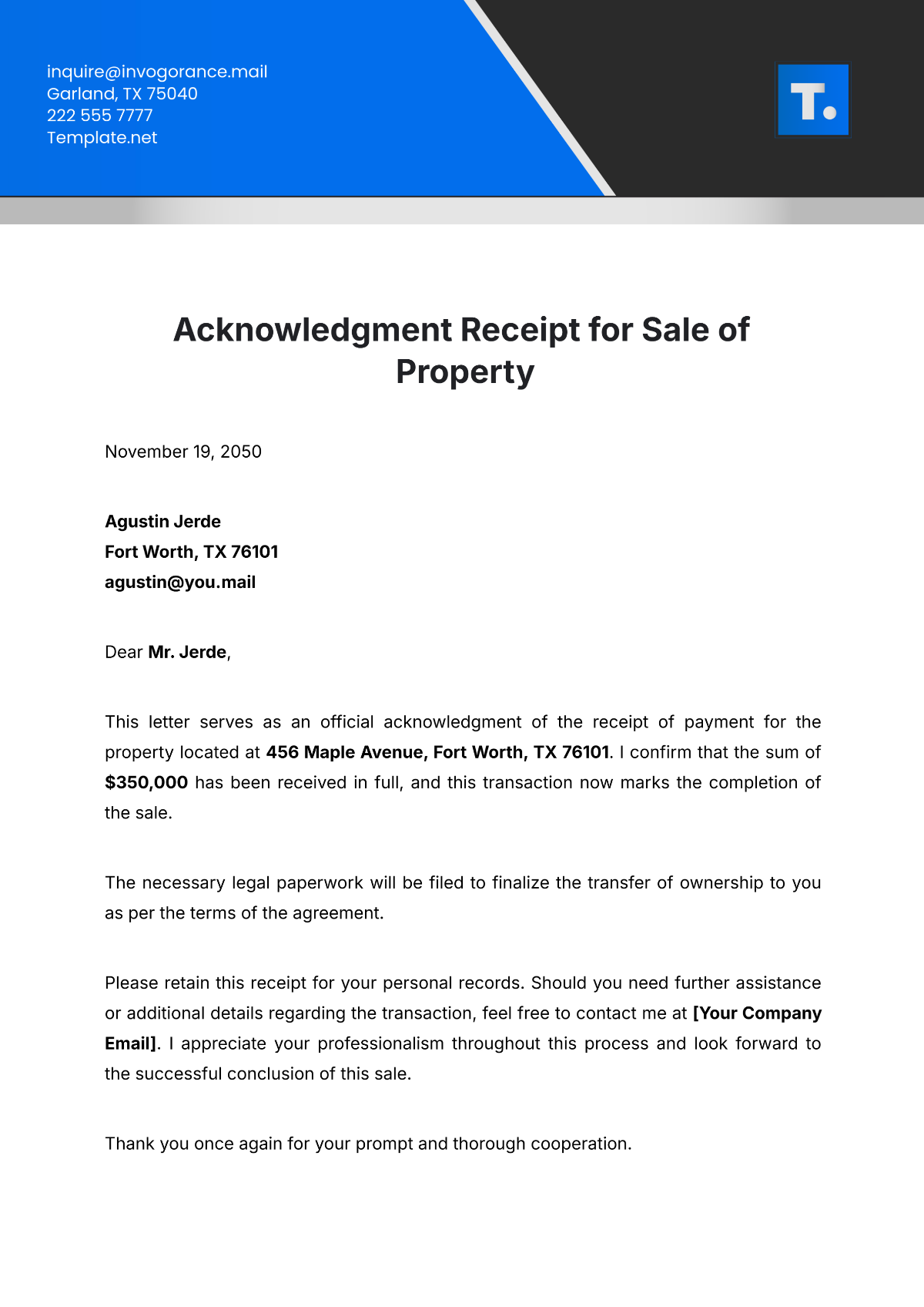 Acknowledgment Receipt For Sale Of Property Template - Edit Online & Download