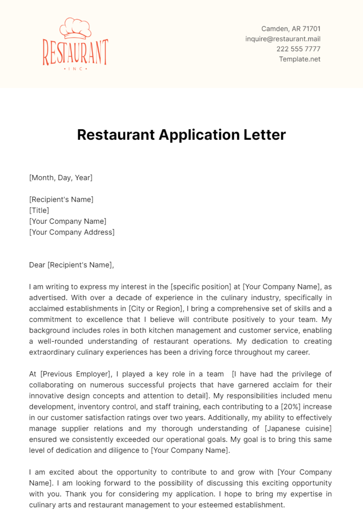Restaurant Application Letter Template