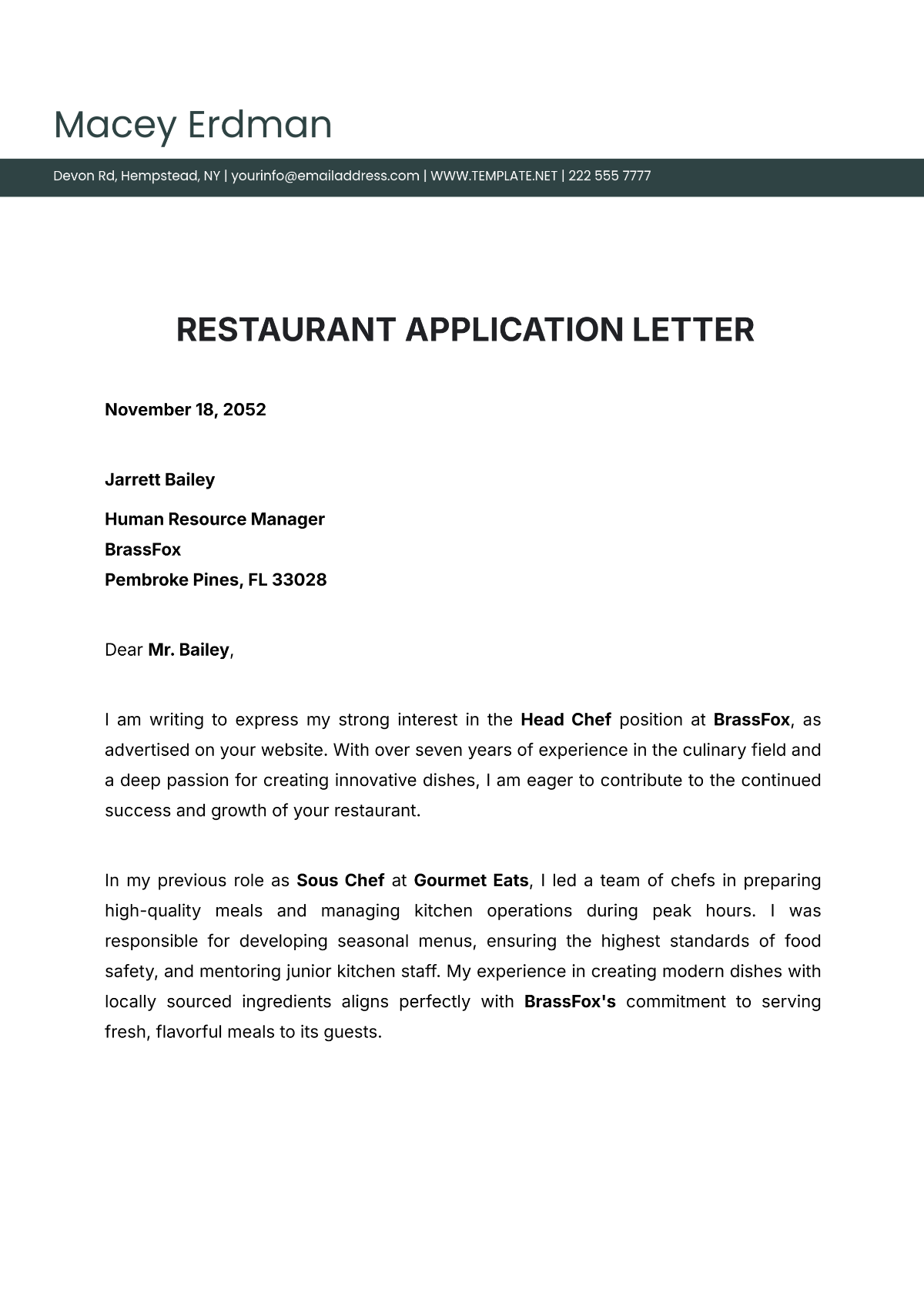 Restaurant Application Letter Template - Edit Online & Download