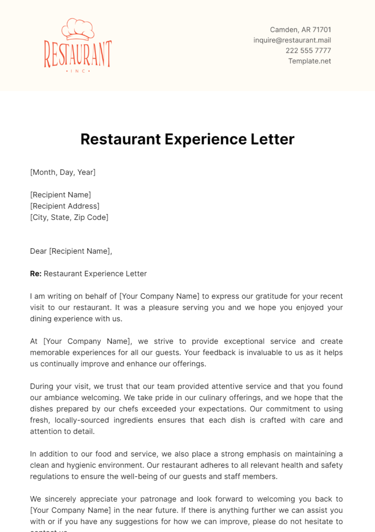 Restaurant Experience Letter Template